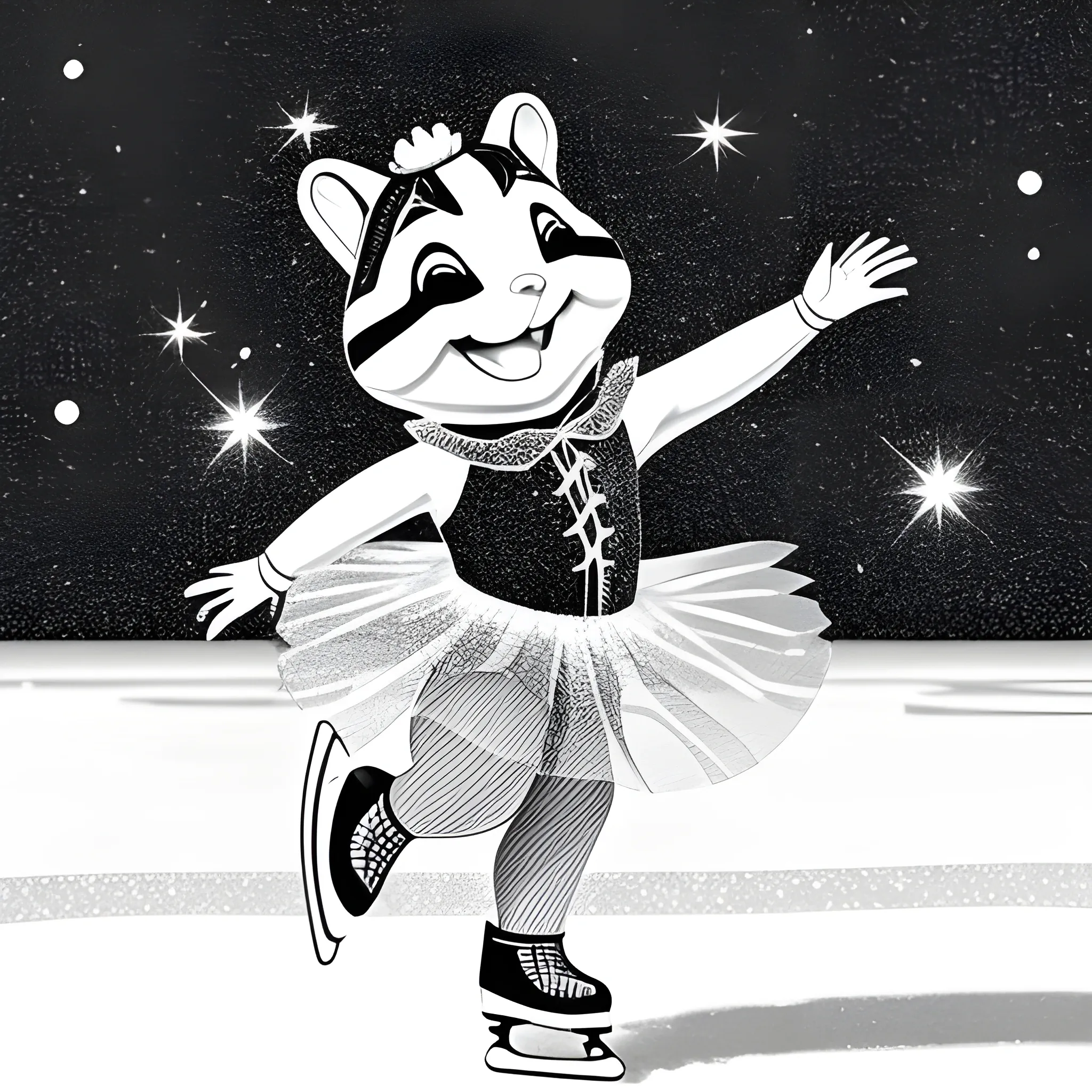 A cheerful chipmunk figure skating on a frozen pond, spinning gracefully in a sparkly tutu, black and white, coloring book style