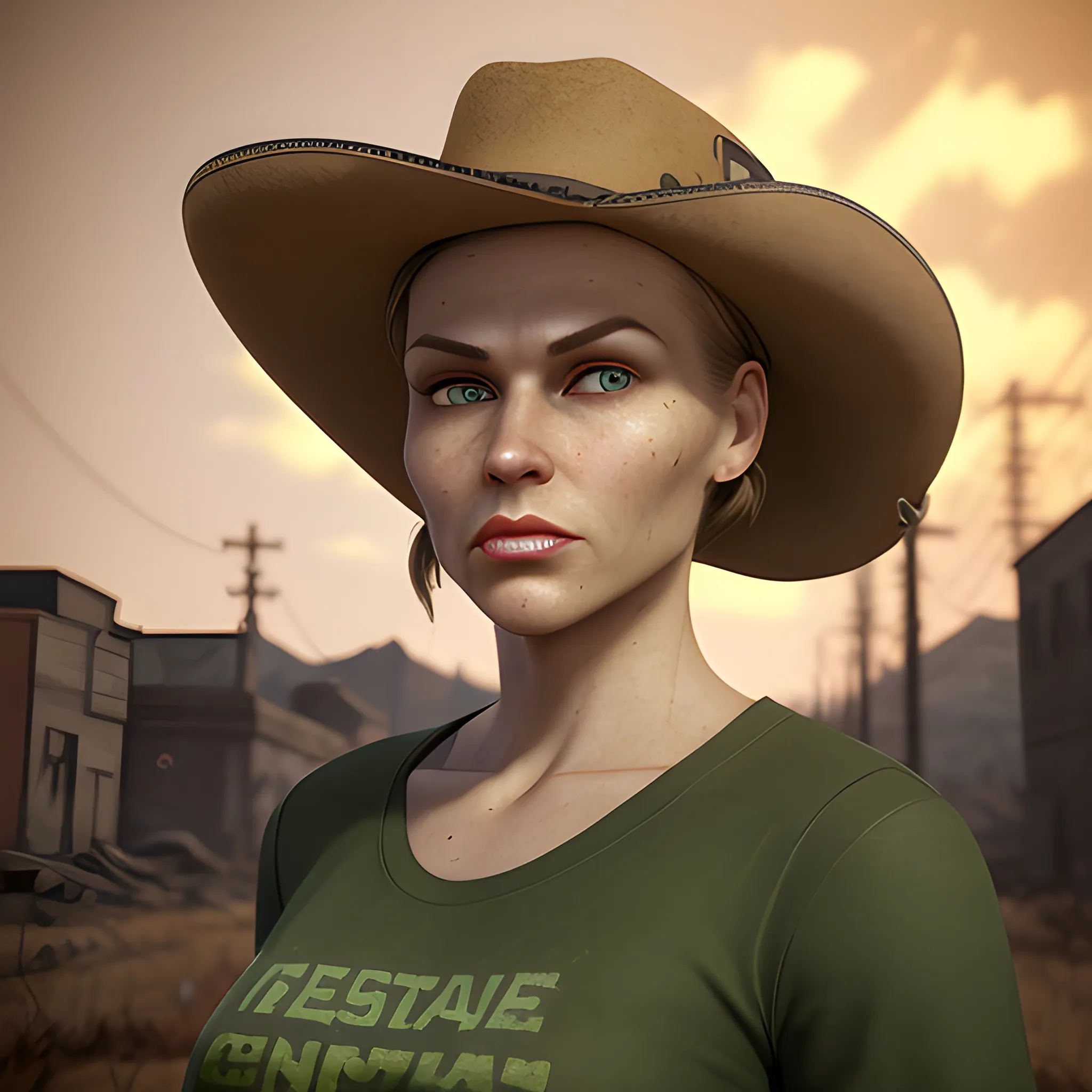 In the style of Fallout 1, Masterpiece, 3D render, portrait, portrait photography, portrait of a caucasian woman in her early thirties, average face, thin lips, strong jaw, masculine face, cleft chin, green eyes, blond hair, hair tied into a bun, blond hair bun hairstyle, black t-shirt, brown cowboy hat