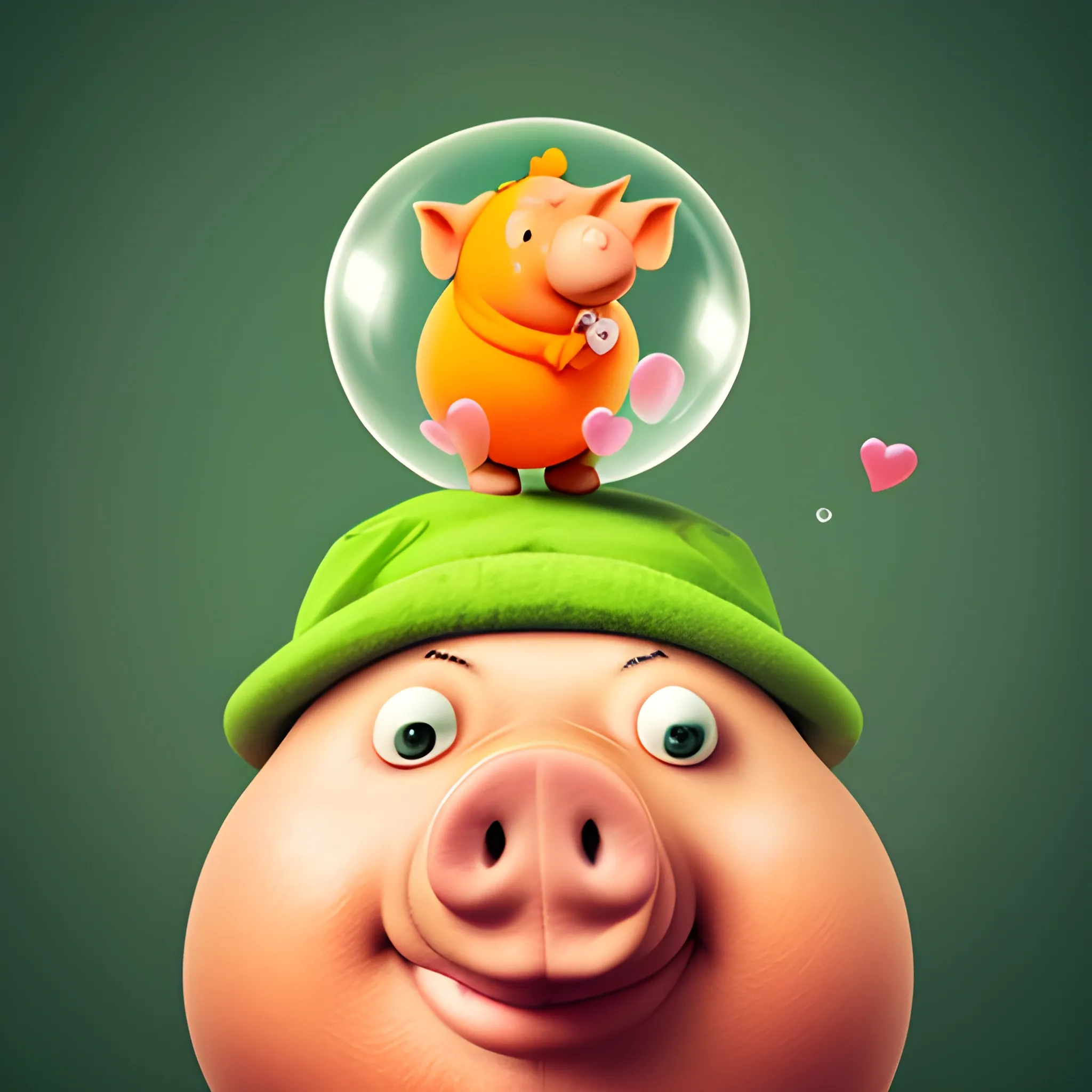 An orange head with a silhouette like a bald man, wearing a green pig hat with a yellow pencil stuck in the hat, talking babblingly, spitting out a heart-shaped bubble, inside the bubble is an exaggerated and funny picture s face