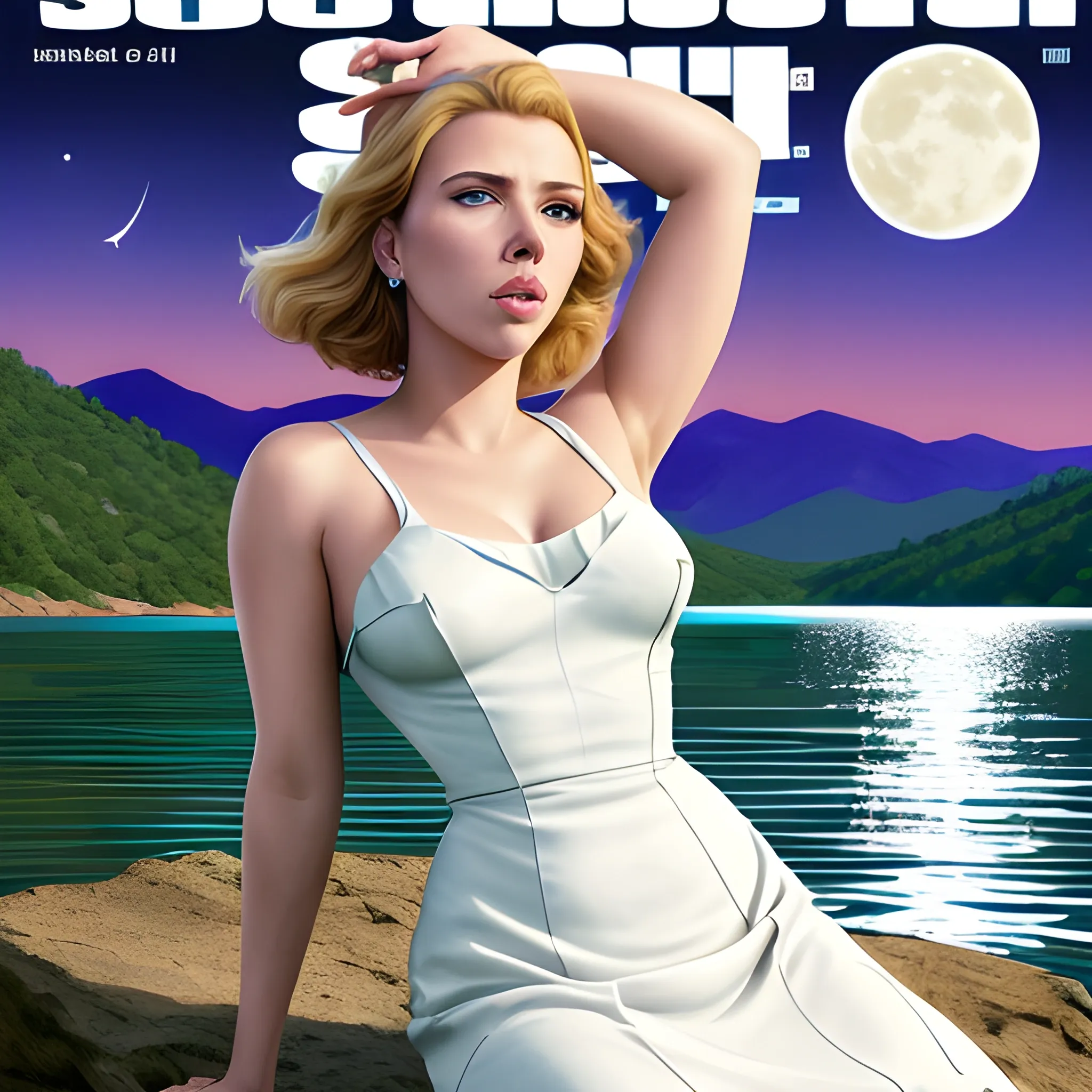 full length photo of scarlett johansson the cover of sports illustrated 1 9 6 5, mid fall, crescent moon, 1px lines, danilo torres, 4 k uhd image, sat by a lake, three suns at the sky, detailed face, biblical!! holy perfection!! digital painting, cosplay of a catboy! maid! dress