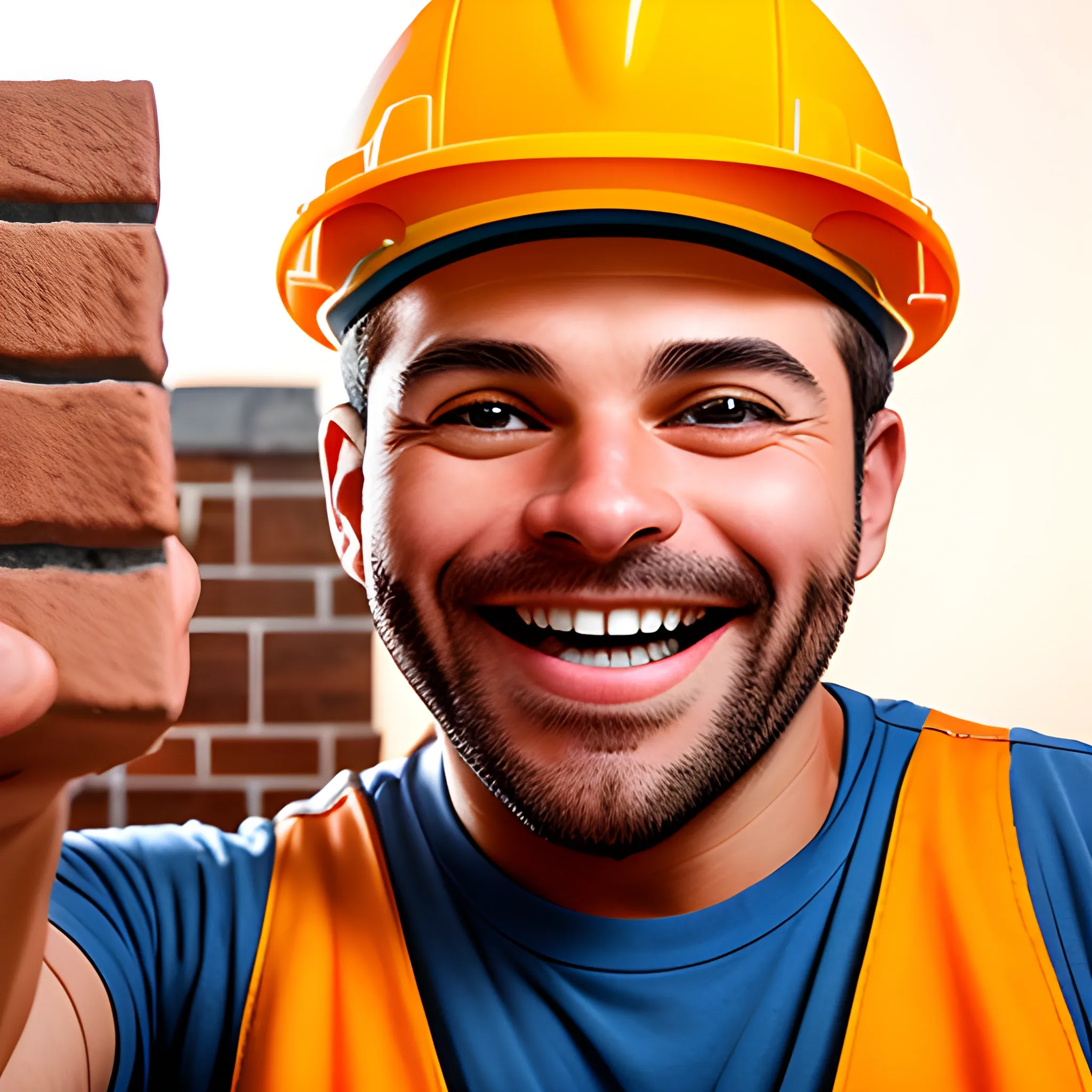 Creates a realistic image of a construction worker catching a brick in the air with a happy and confident expression on his face. Make sure the brick and the man's pose denote movement and action, and that the smile is contagious. 
