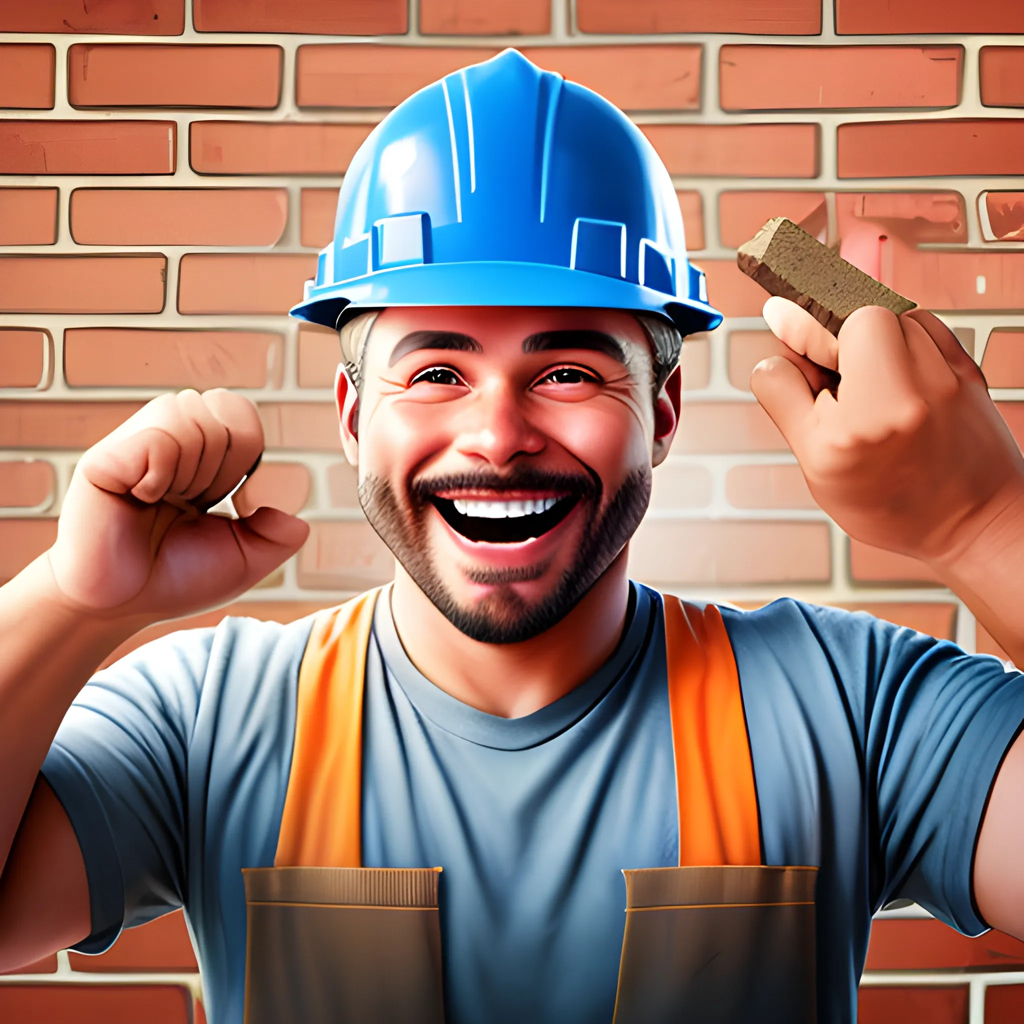 Creates a realistic image of a construction worker catching a brick in the air with a happy and confident expression on his face. Make sure the brick and the man's pose denote movement and action, and that the smile is contagious. 
