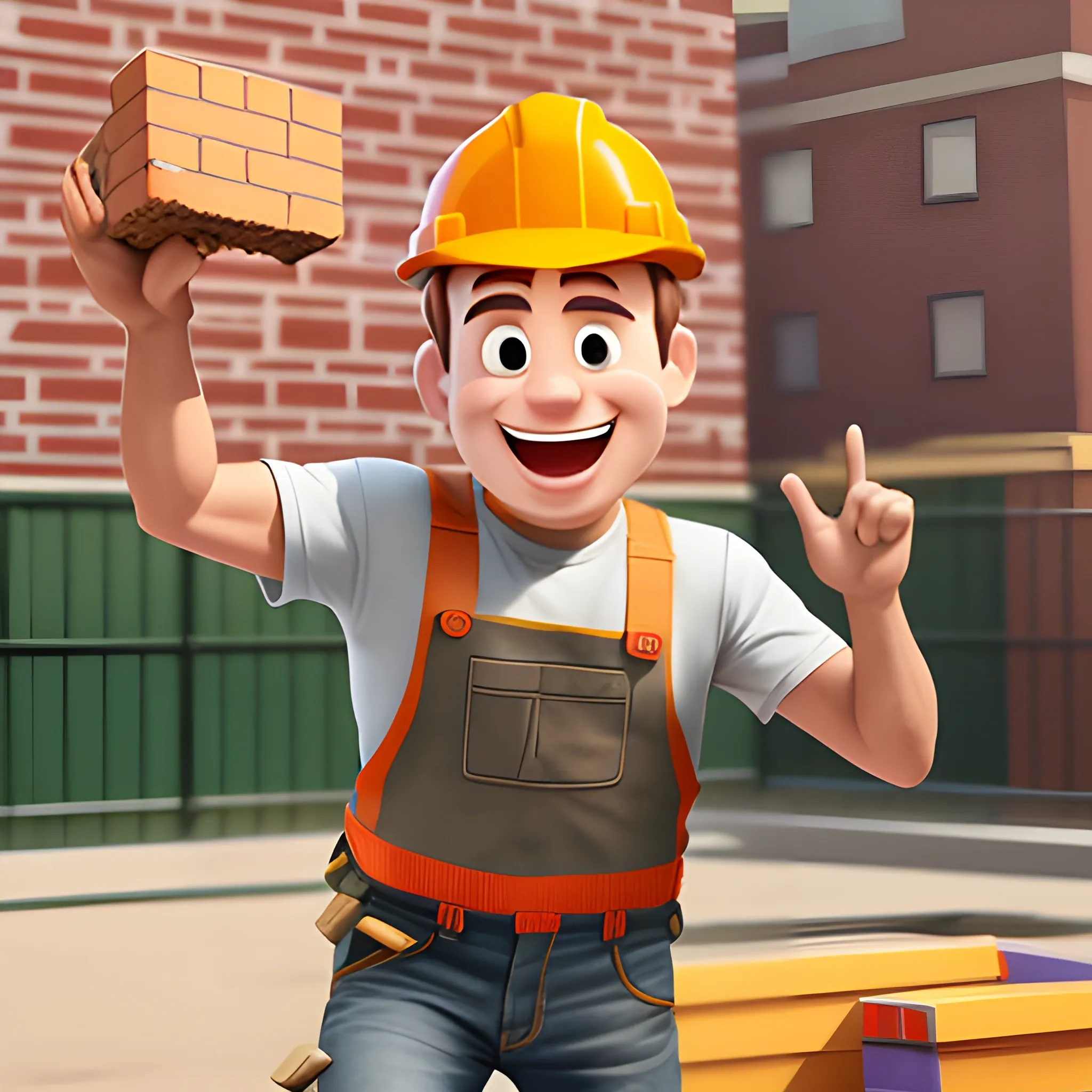 Creates a realistic image of a construction worker catching a brick in the air with a happy and confident expression on his face. Make sure the brick and the man's pose denote movement and action, and that the smile is contagious. in the style of pixar
