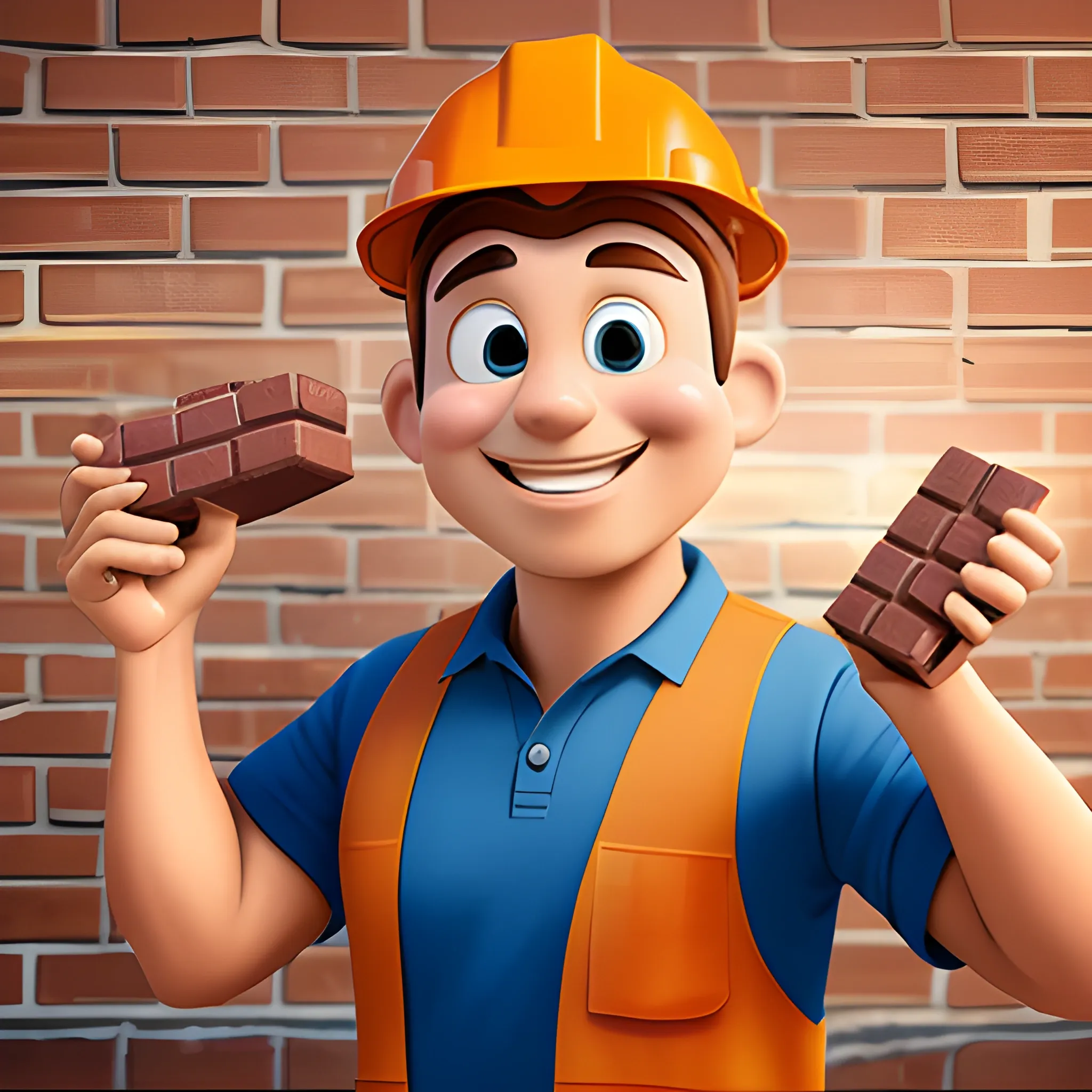 Creates a realistic image of a construction worker catching a brick in the air with a happy and confident expression on his face. Make sure the brick and the man's pose denote movement and action, and that the smile is contagious. in the style of pixar
