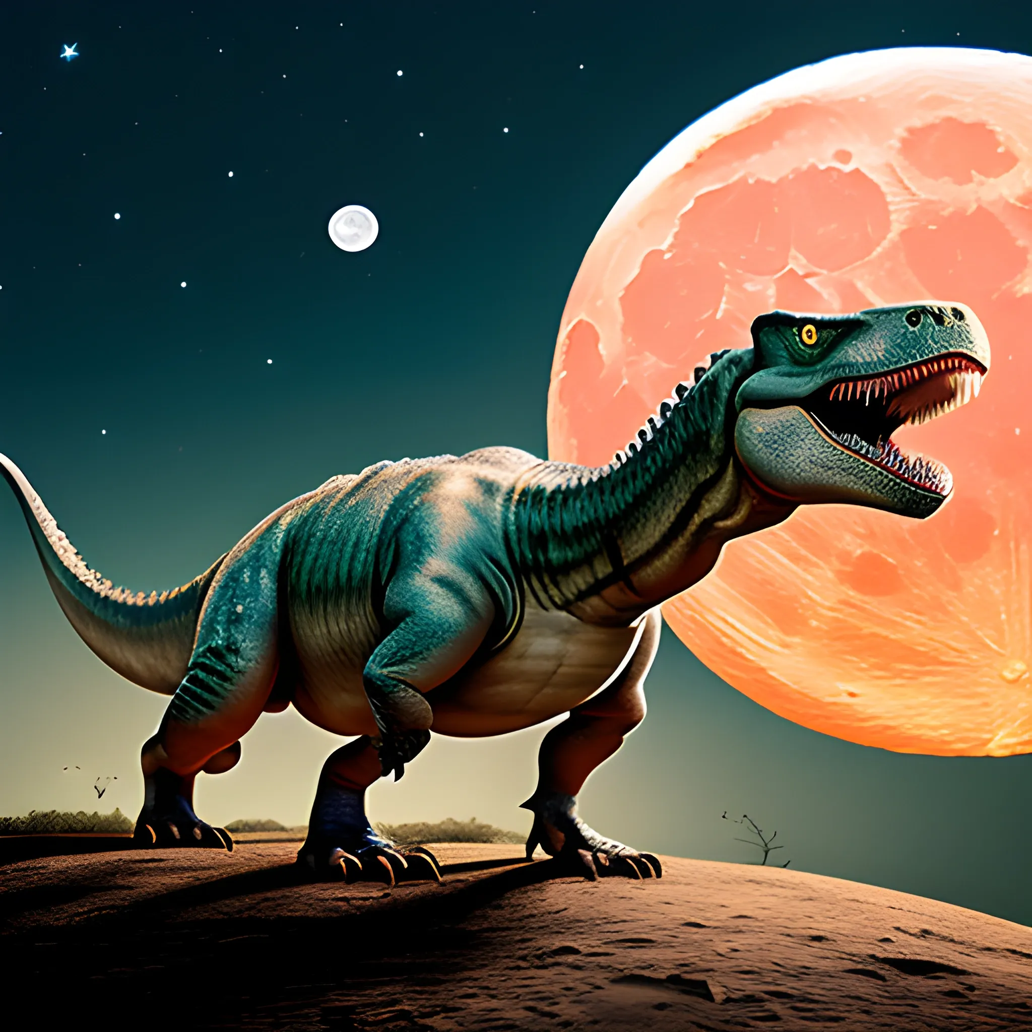 a dinosaur roaring in front of the moon