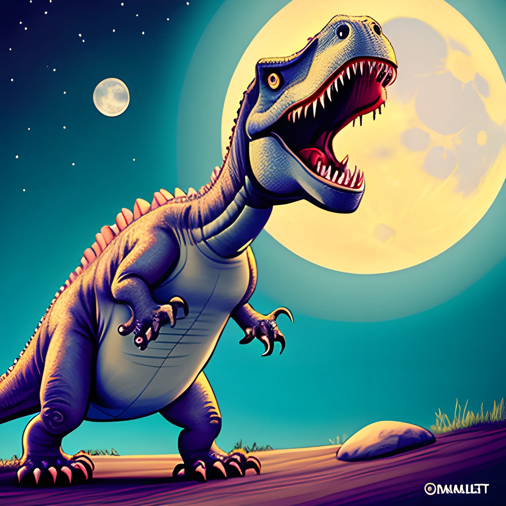 a dinosaur roaring in front of the moon, Cartoon