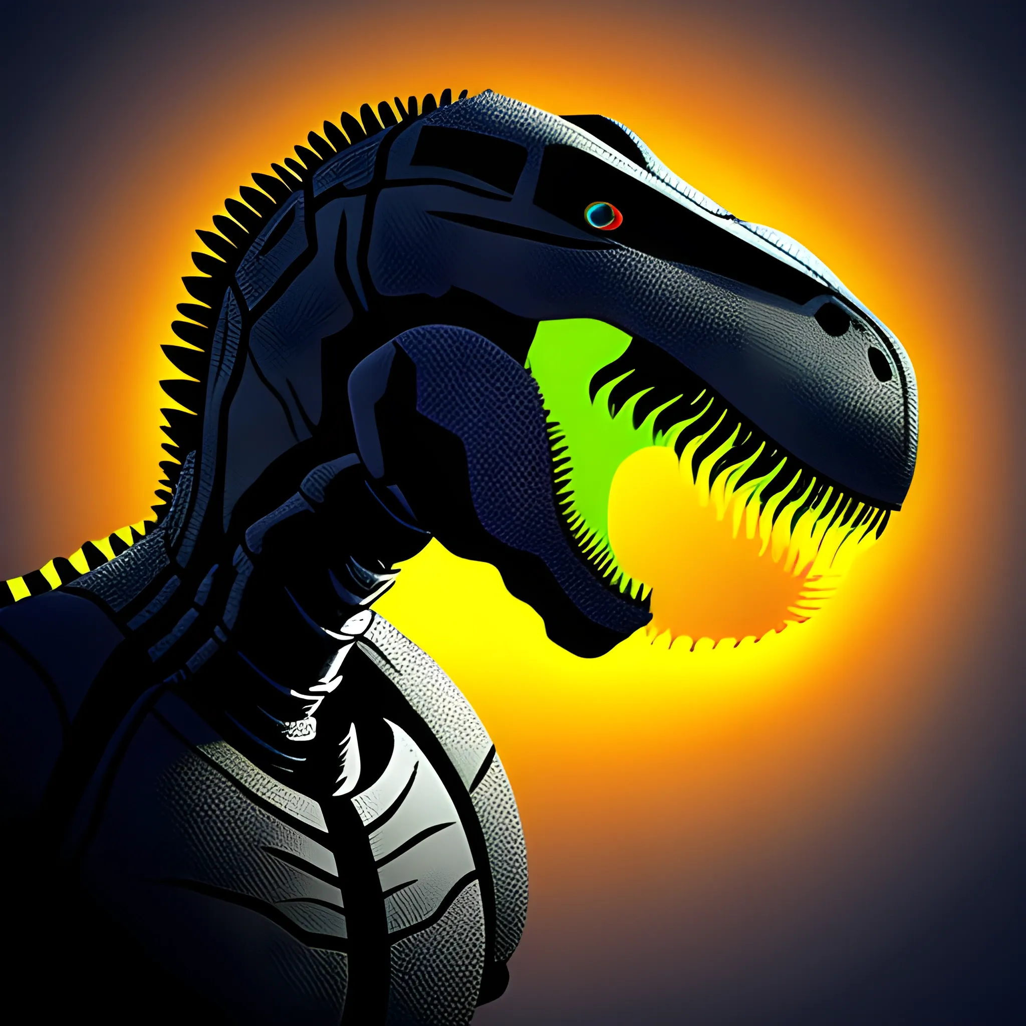 technological head dinosaur in shadow, Trippy, Cartoon