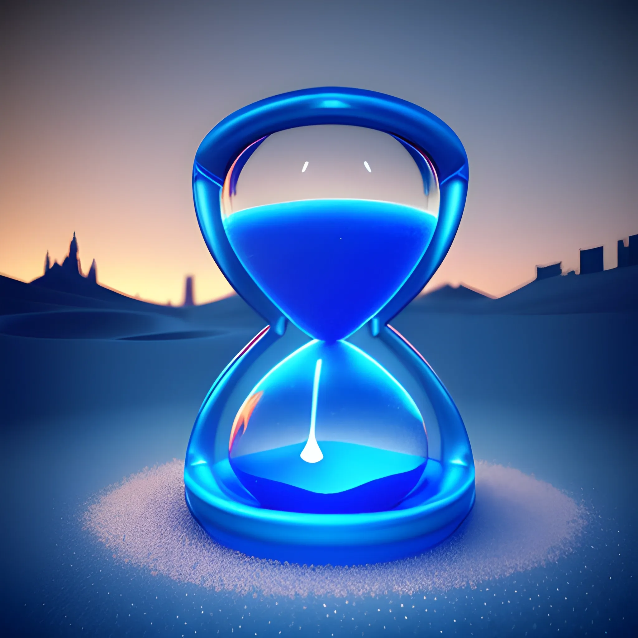 Stunning 3D render of a Image of an hourglass spilling sand rapidly,with glowing sand, close-up, intricate details, set against a skyline at night, blue neon effect, futuristic, sharp focus, cinematic, high contrast, rim light, celestial atmosphere, fiery effect, vivid --ar 16:9 --q . 5 --stylize 250