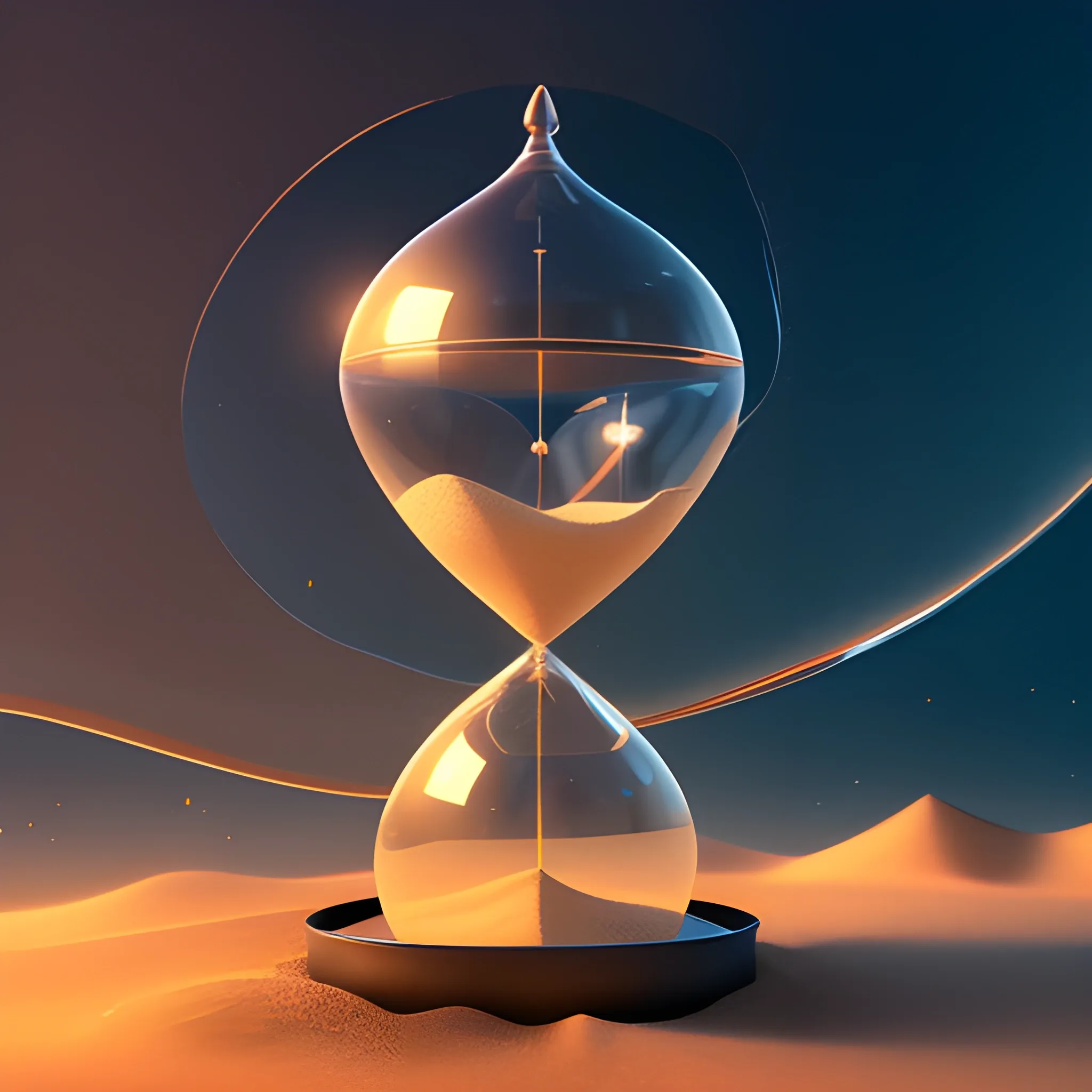 Stunning 3D render of a Image of an hourglass spilling sand rapidly, close-up, intricate details, cinematic, high contrast, rim light, celestial atmosphere, fiery effect, vivid --ar 16:9 --q . 5 --stylize 250