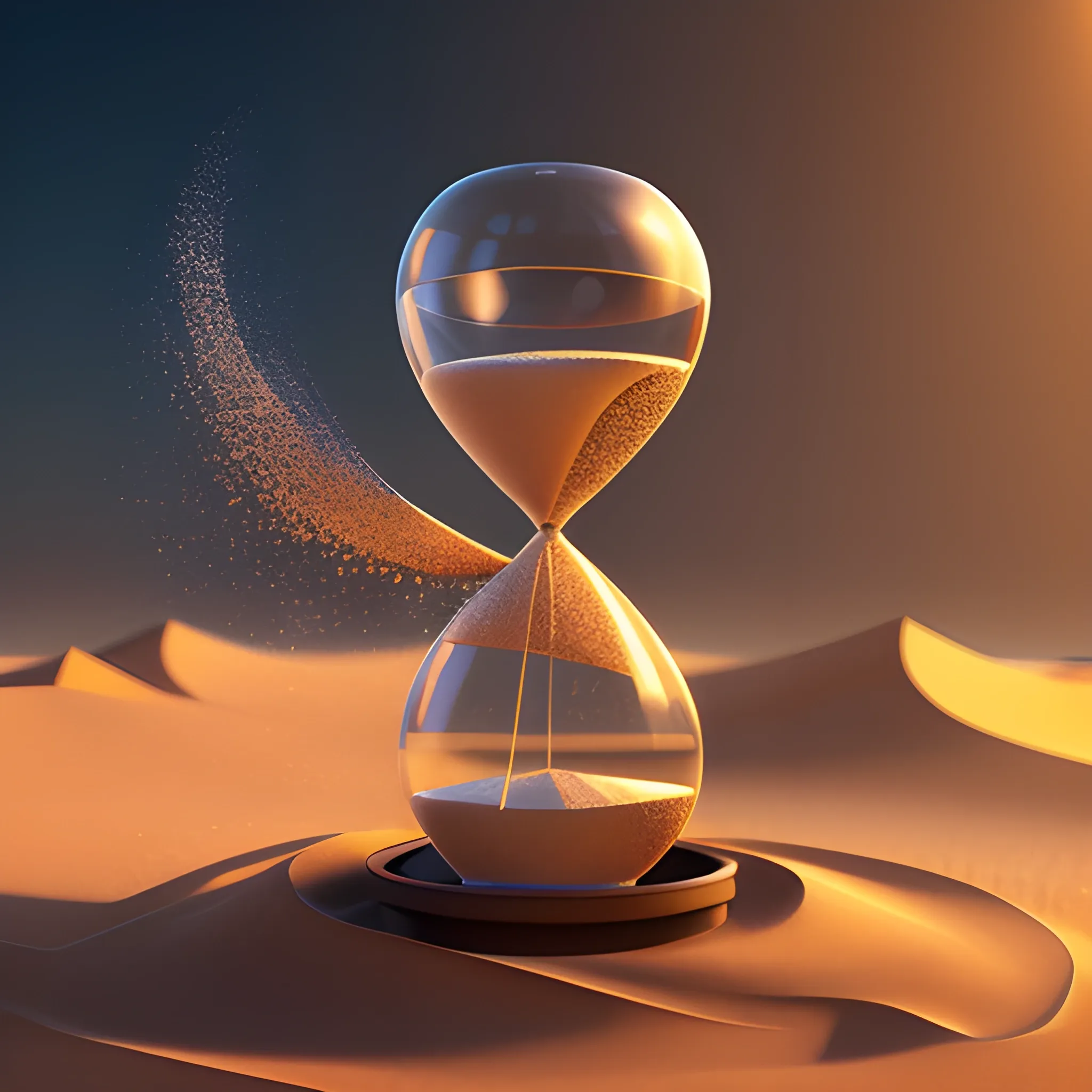 Stunning 3D render of a Image of an hourglass spilling sand rapidly, close-up, intricate details, cinematic, high contrast, rim light, celestial atmosphere, fiery effect, vivid --ar 16:9 --q . 5 --stylize 250