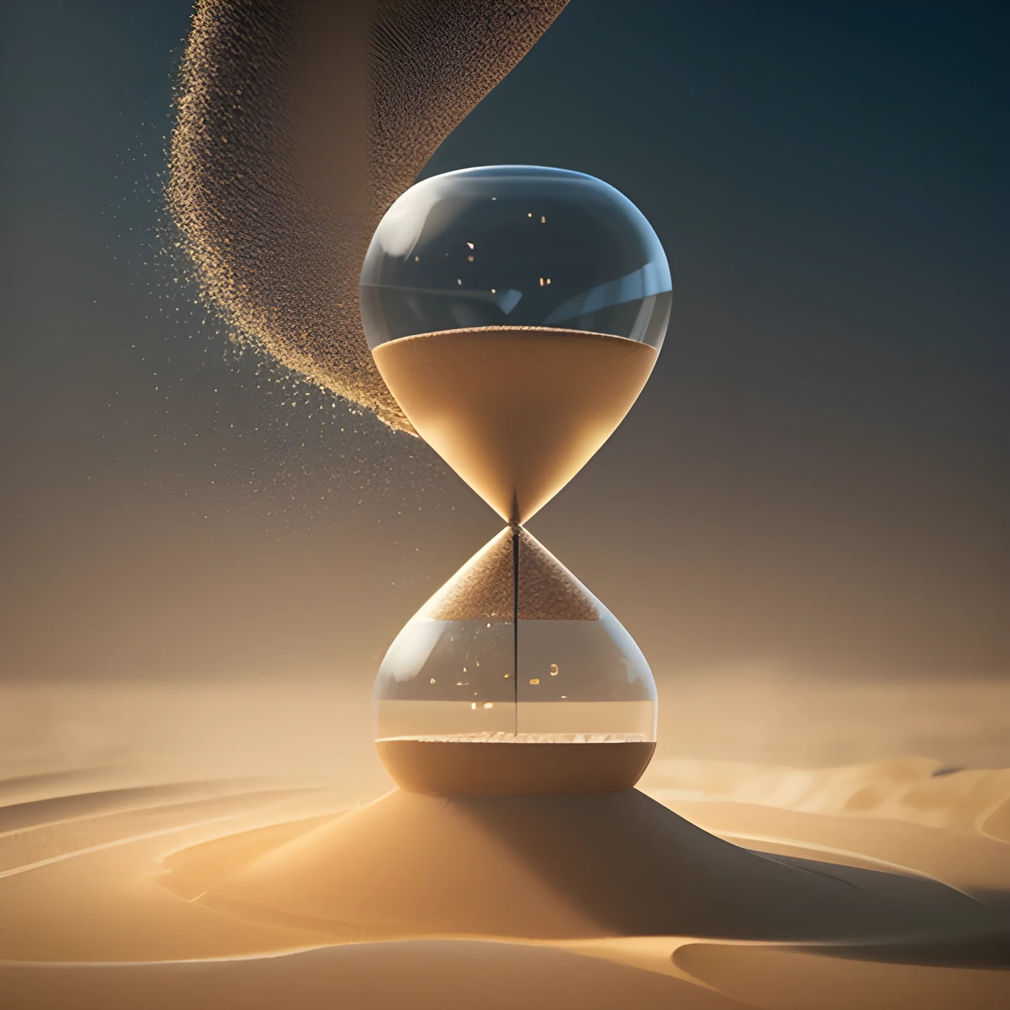 Stunning 3D render of a Image of an hourglass spilling sand rapidly, close-up, intricate details, cinematic, high contrast, rim light, celestial atmosphere, fiery effect, vivid --ar 16:9 --q . 5 --stylize 250