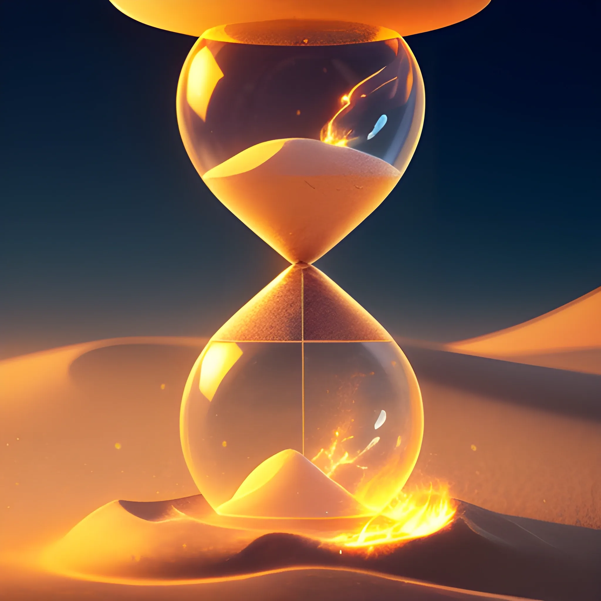 a Image of an hourglass spilling sand rapidly, close-up, intricate details, cinematic, high contrast, rim light, celestial atmosphere, fiery effect, vivid --ar 16:9 --q . 5 --stylize 250