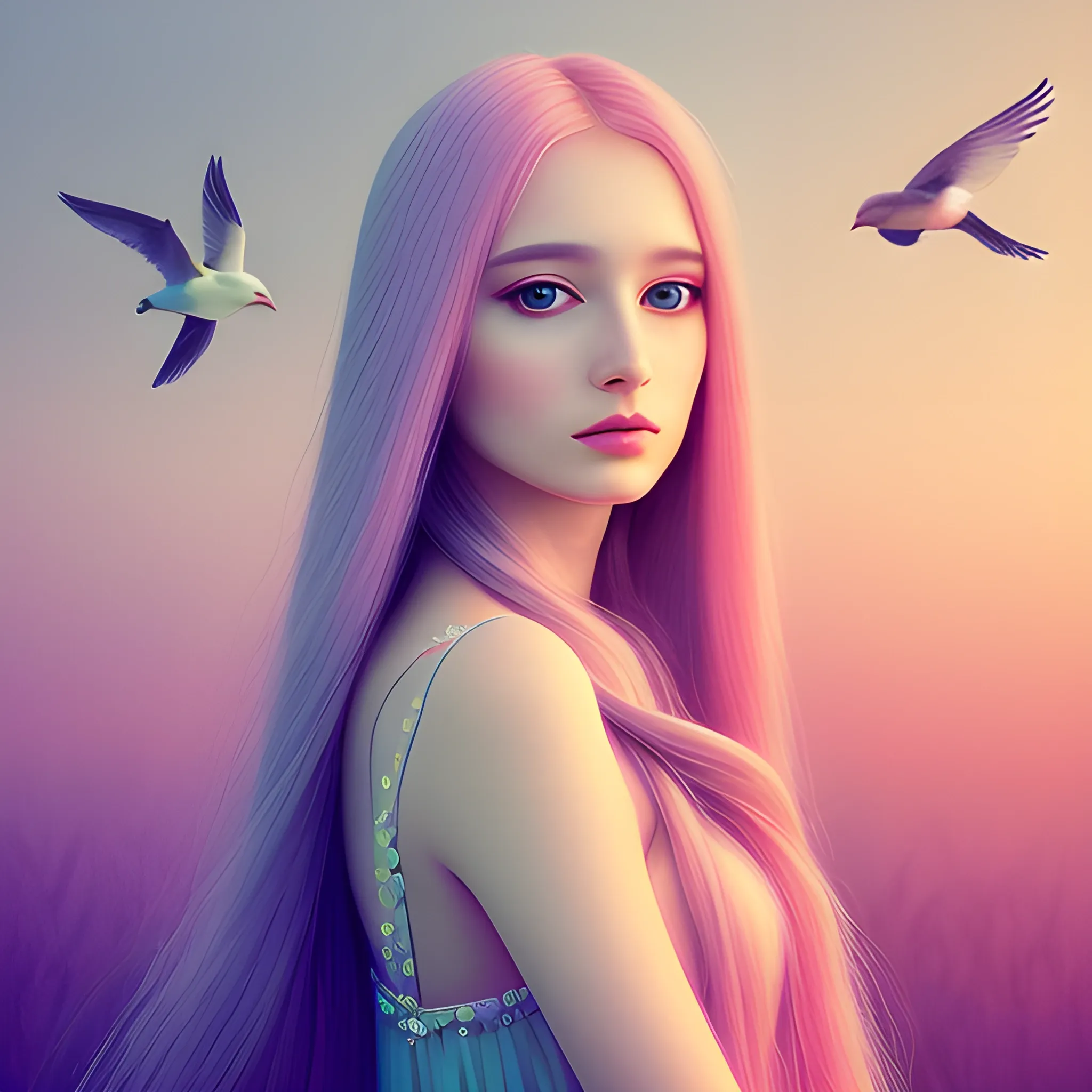 beautiful woman, peace, innocence, serenity, long hair, birds, surreal, pastel colors, high definition, stunning graphics