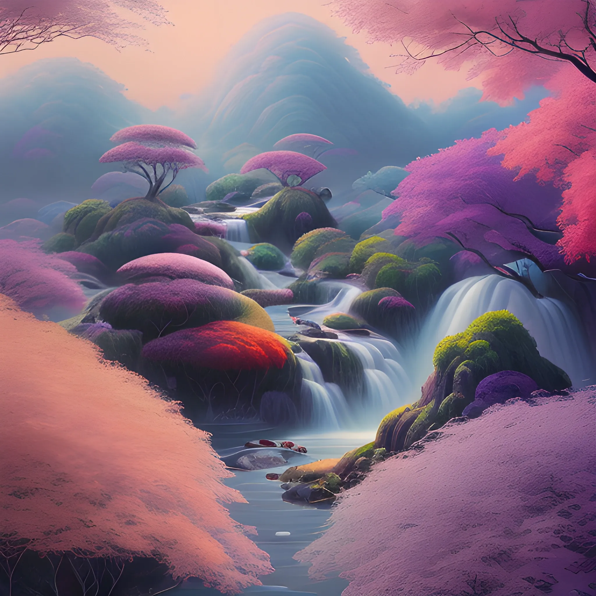 (by Ananta Mandal (and Andrew Biraj:0.5)), (in the style of nihonga), Style: Abstract, Medium: Digital illustration, Subject: An otherworldly landscape with floating islands, cascading waterfalls, and vibrant flora and fauna. Camera Angle: Overhead shot capturing the vastness and intricate details of the scene. The colors are saturated, and the lighting creates a warm and ethereal atmosphere. The painting is highly detailed, with every brushstroke capturing the complexity of the imaginary world., (high quality), (detailed), (masterpiece), (best quality), (highres), (extremely detailed), (8k), seed:1015689