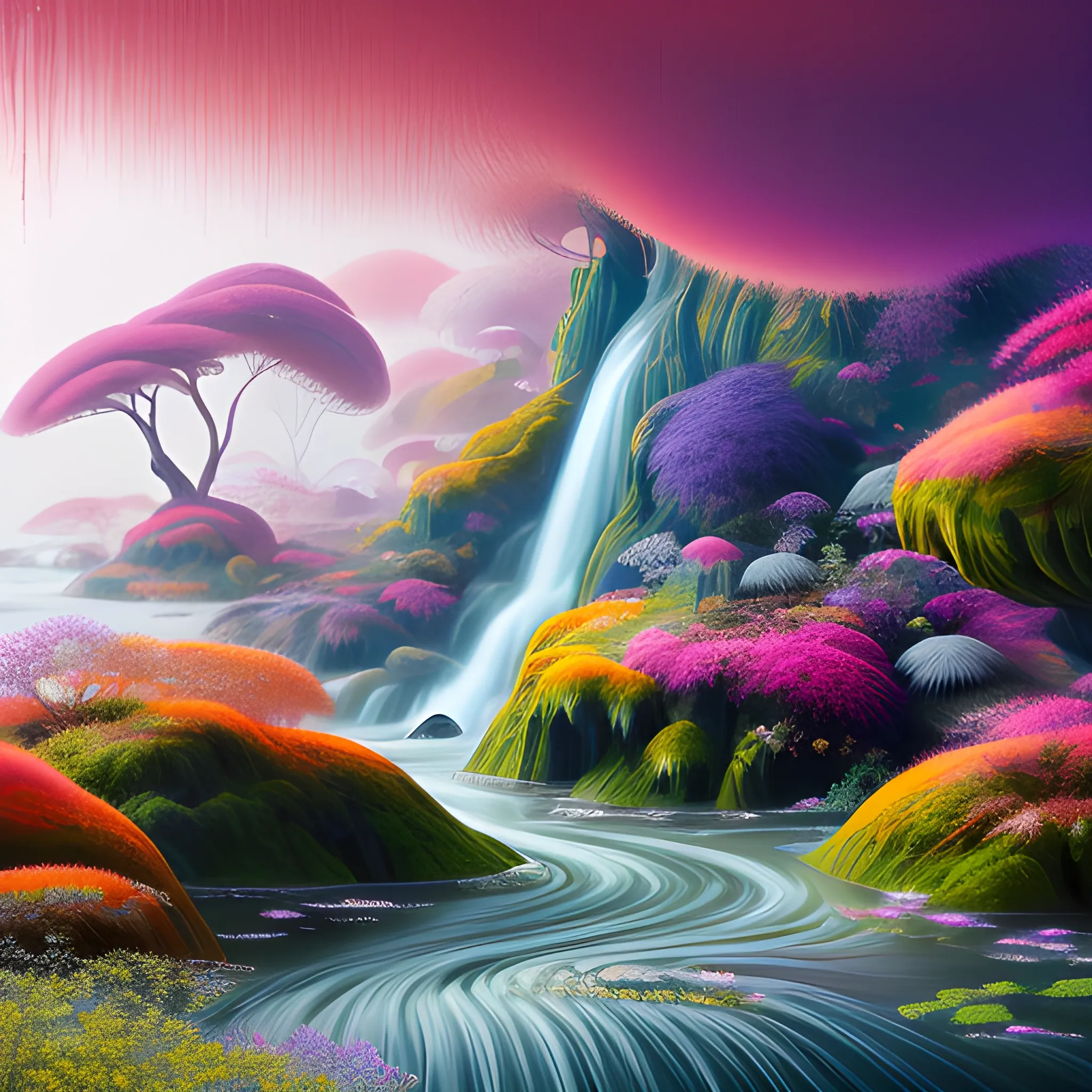 (by Ananta Mandal (and Andrew Biraj:0.5)), (in the style of nihonga), Style: Abstract, Medium: Digital illustration, Subject: An otherworldly landscape with floating islands, cascading waterfalls, and vibrant flora and fauna. Camera Angle: Overhead shot capturing the vastness and intricate details of the scene. The colors are saturated, and the lighting creates a warm and ethereal atmosphere. The painting is highly detailed, with every brushstroke capturing the complexity of the imaginary world., (high quality), (detailed), (masterpiece), (best quality), (highres), (extremely detailed), (8k), seed:7015689