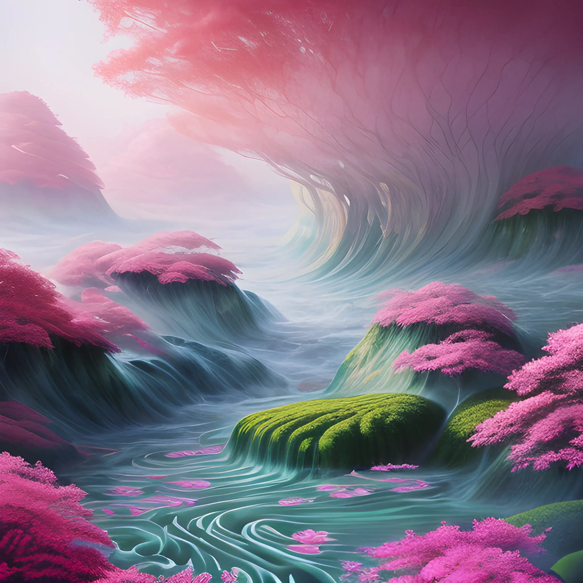 (by Ananta Mandal (and Andrew Biraj:0.5)), (in the style of nihonga), Style: Abstract, Medium: Digital illustration, Subject: An otherworldly landscape with floating islands, cascading waterfalls, and vibrant flora and fauna. Camera Angle: Overhead shot capturing the vastness and intricate details of the scene. The colors are saturated, and the lighting creates a warm and ethereal atmosphere. The painting is highly detailed, with every brushstroke capturing the complexity of the imaginary world., (high quality), (detailed), (masterpiece), (best quality), (highres), (extremely detailed), (8k), seed:792315689