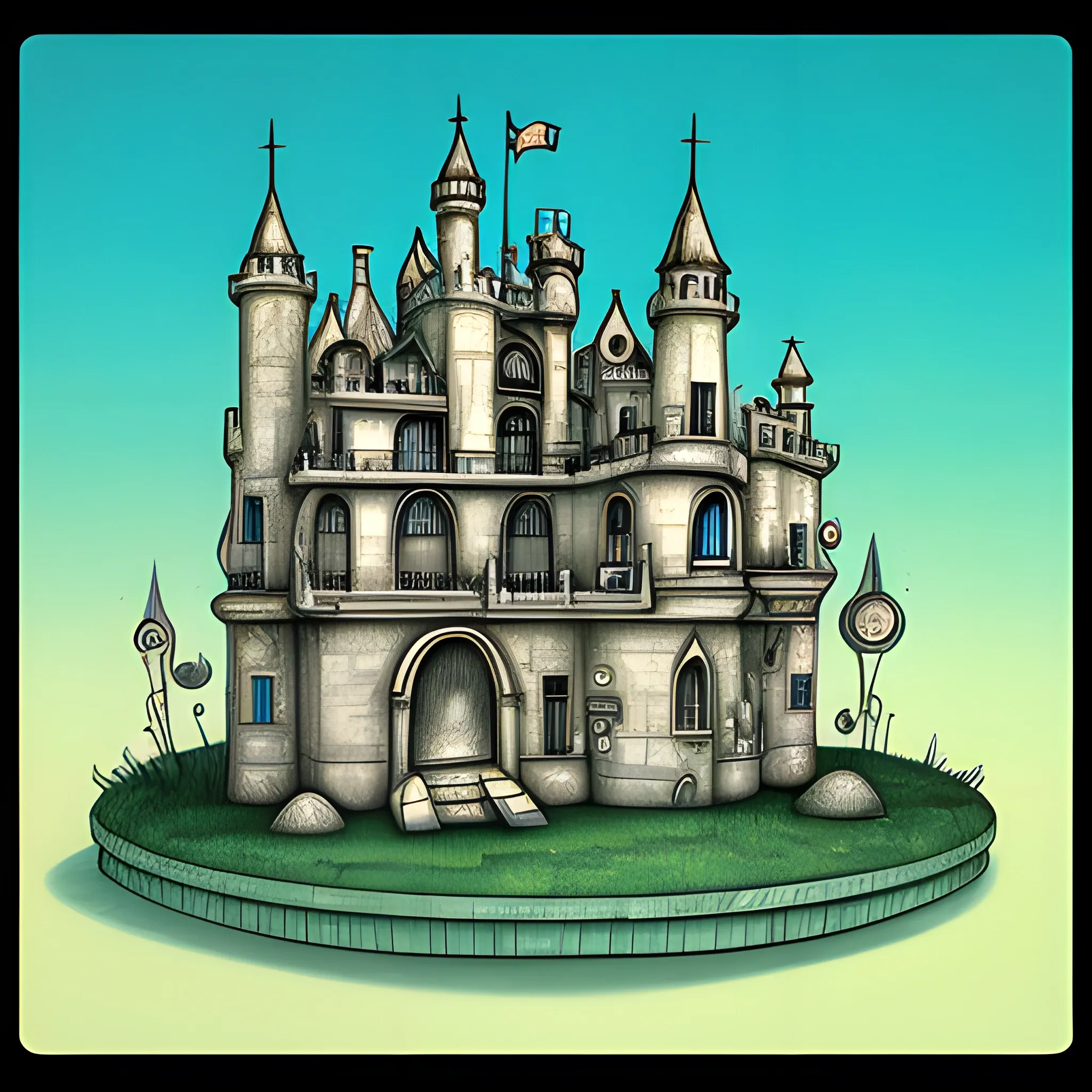 habitacion de castillo con ventanales grandes, Trippy, Cartoon, 3D, Pencil Sketch