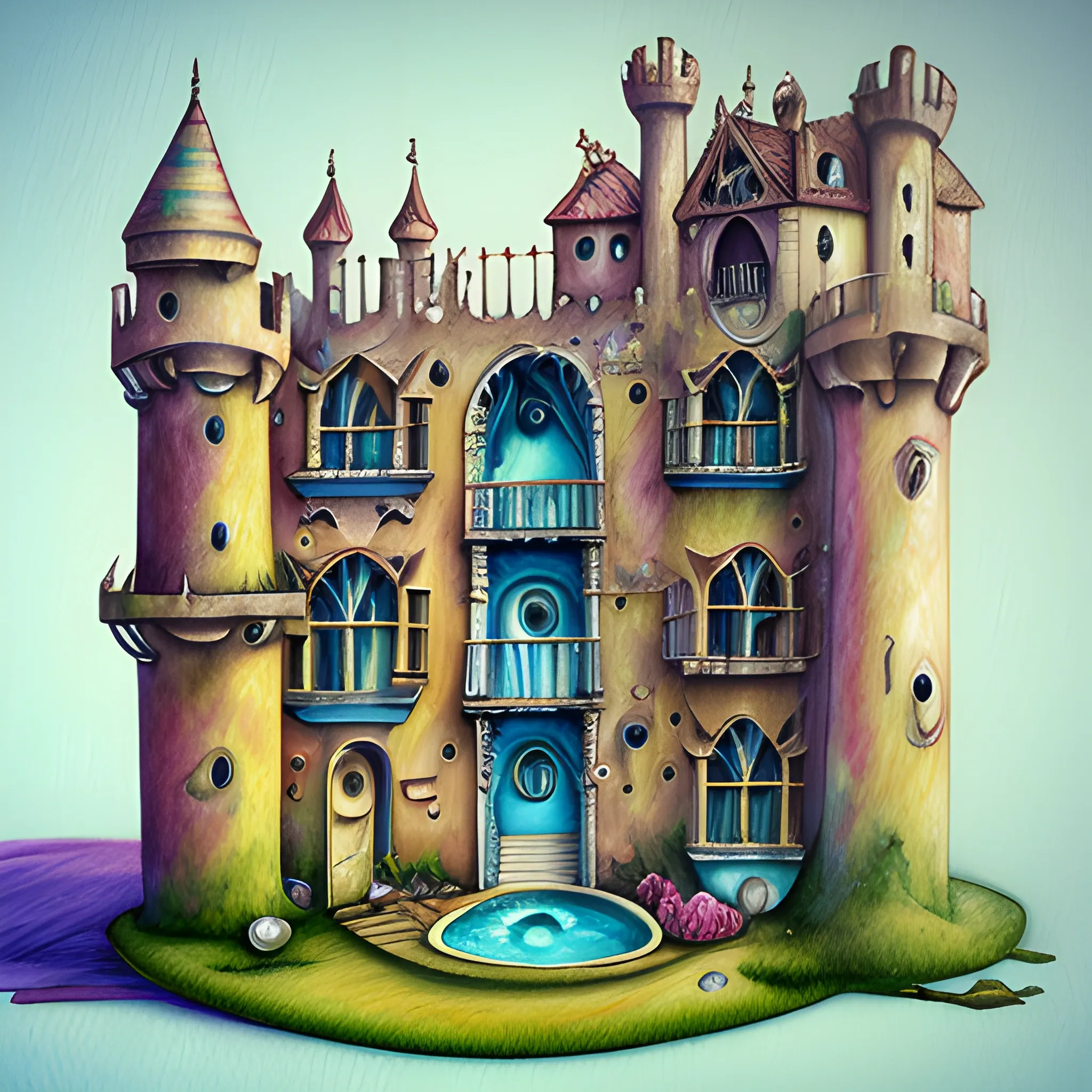 habitacion de castillo con ventanales grandes, Trippy, Cartoon, 3D, Pencil Sketch, Oil Painting, Water Color