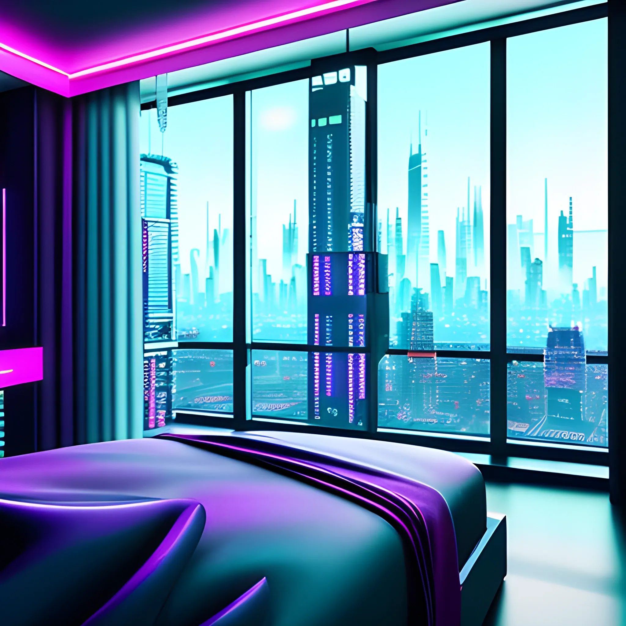 inside a girl room, cyberpunk vibe, neon glowing lights, sharp