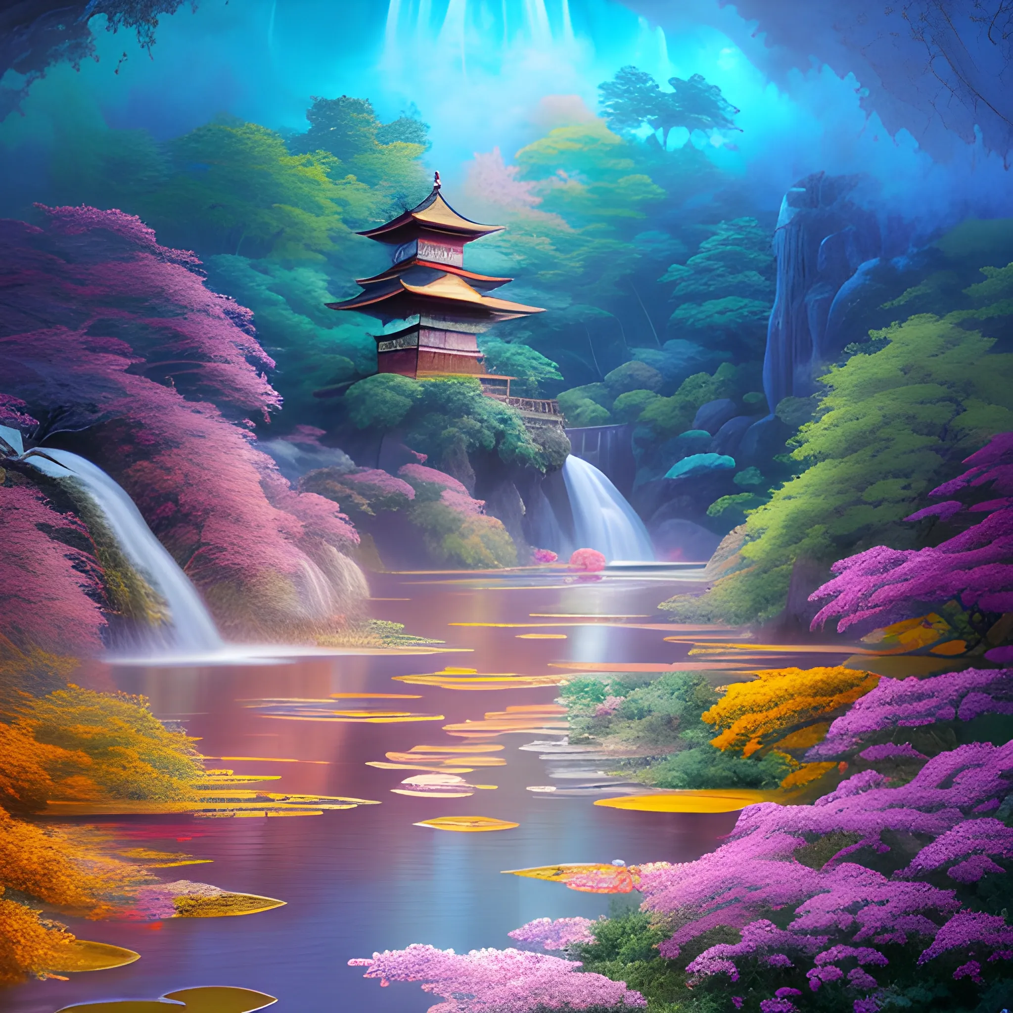 (by Ananta Mandal (and Andrew Biraj:0.5)), (in the style of nihonga), Style: Abstract, Medium: Digital illustration, Subject: An otherworldly landscape with floating islands, Ksitigarbha Bodhisattva at the middle of picture, cascading waterfalls, and vibrant flora and fauna. Camera Angle: Overhead shot capturing the vastness and intricate details of the scene. The colors are saturated, and the lighting creates a warm and ethereal atmosphere. The painting is highly detailed, with every brushstroke capturing the complexity of the imaginary world., (high quality), (detailed), (masterpiece), (best quality), (highres), (extremely detailed), (8k), seed:792315689