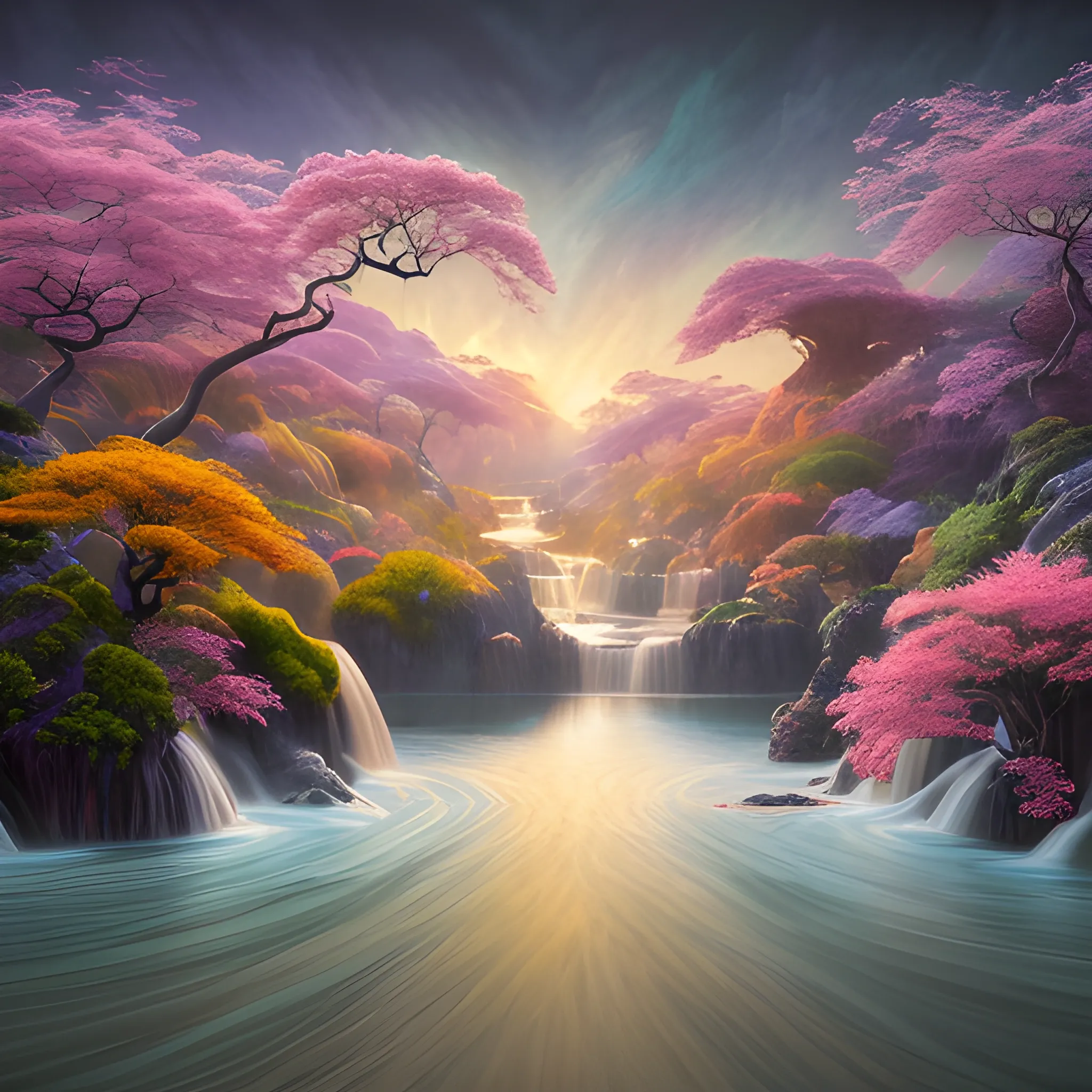 (by Ananta Mandal (and Andrew Biraj:0.5)), (in the style of nihonga), Style: Abstract, Medium: Digital illustration, Subject: An otherworldly landscape with floating islands, Guanyin Bodhisattva at the middle of picture, cascading waterfalls, and vibrant flora and fauna. Camera Angle: Overhead shot capturing the vastness and intricate details of the scene. The colors are saturated, and the lighting creates a warm and ethereal atmosphere. The painting is highly detailed, with every brushstroke capturing the complexity of the imaginary world., (high quality), (detailed), (masterpiece), (best quality), (highres), (extremely detailed), (8k), seed:792315689