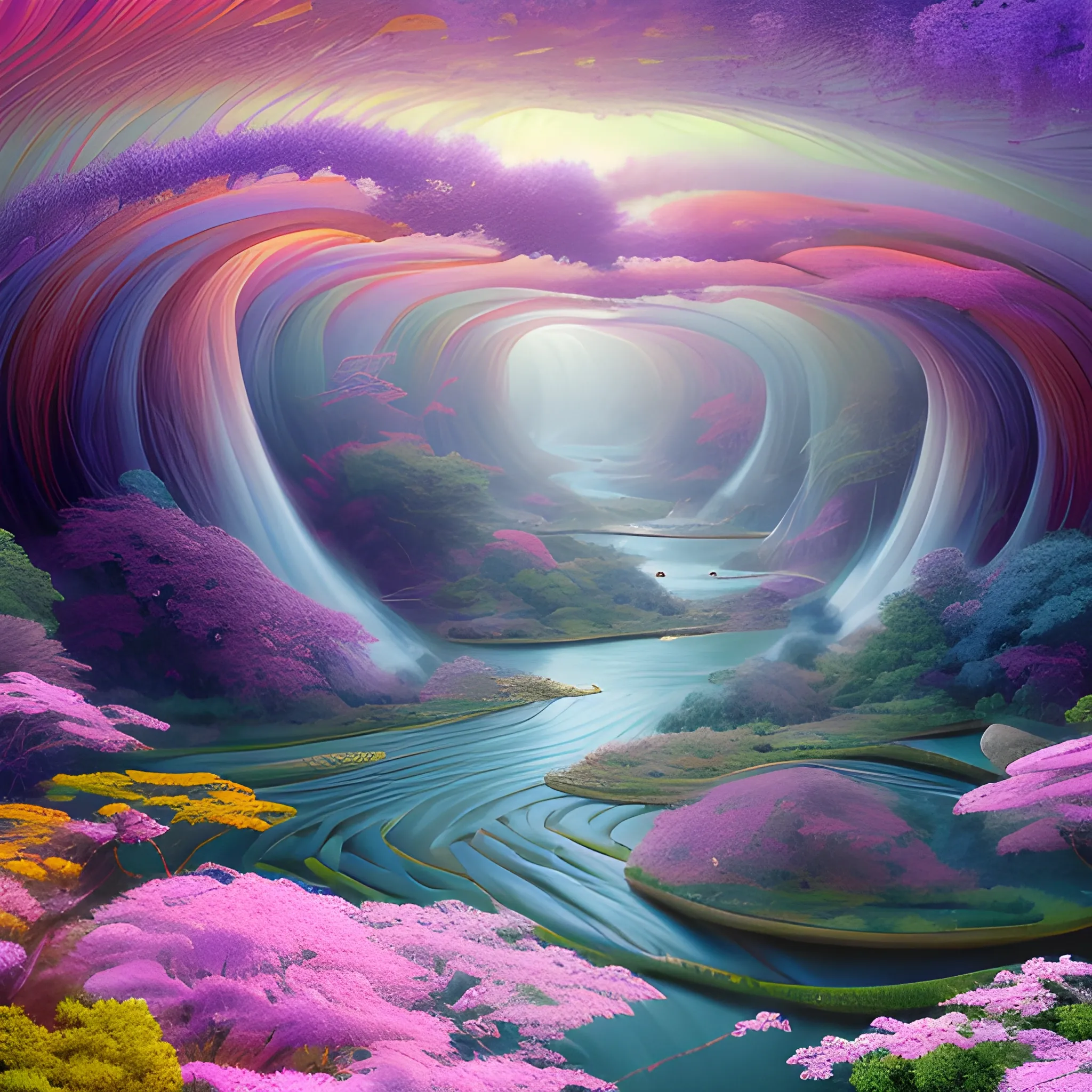 (by Ananta Mandal (and Andrew Biraj:0.5)), (in the style of nihonga), Style: Abstract, Medium: Digital illustration, Subject: An otherworldly landscape with floating islands, A Bodhisattva of Compassion in the middle of picture, cascading waterfalls, and vibrant flora and fauna. Camera Angle: Overhead shot capturing the vastness and intricate details of the scene. The colors are saturated, and the lighting creates a warm and ethereal atmosphere. The painting is highly detailed, with every brushstroke capturing the complexity of the imaginary world., (high quality), (detailed), (masterpiece), (best quality), (highres), (extremely detailed), (8k), seed:792315689