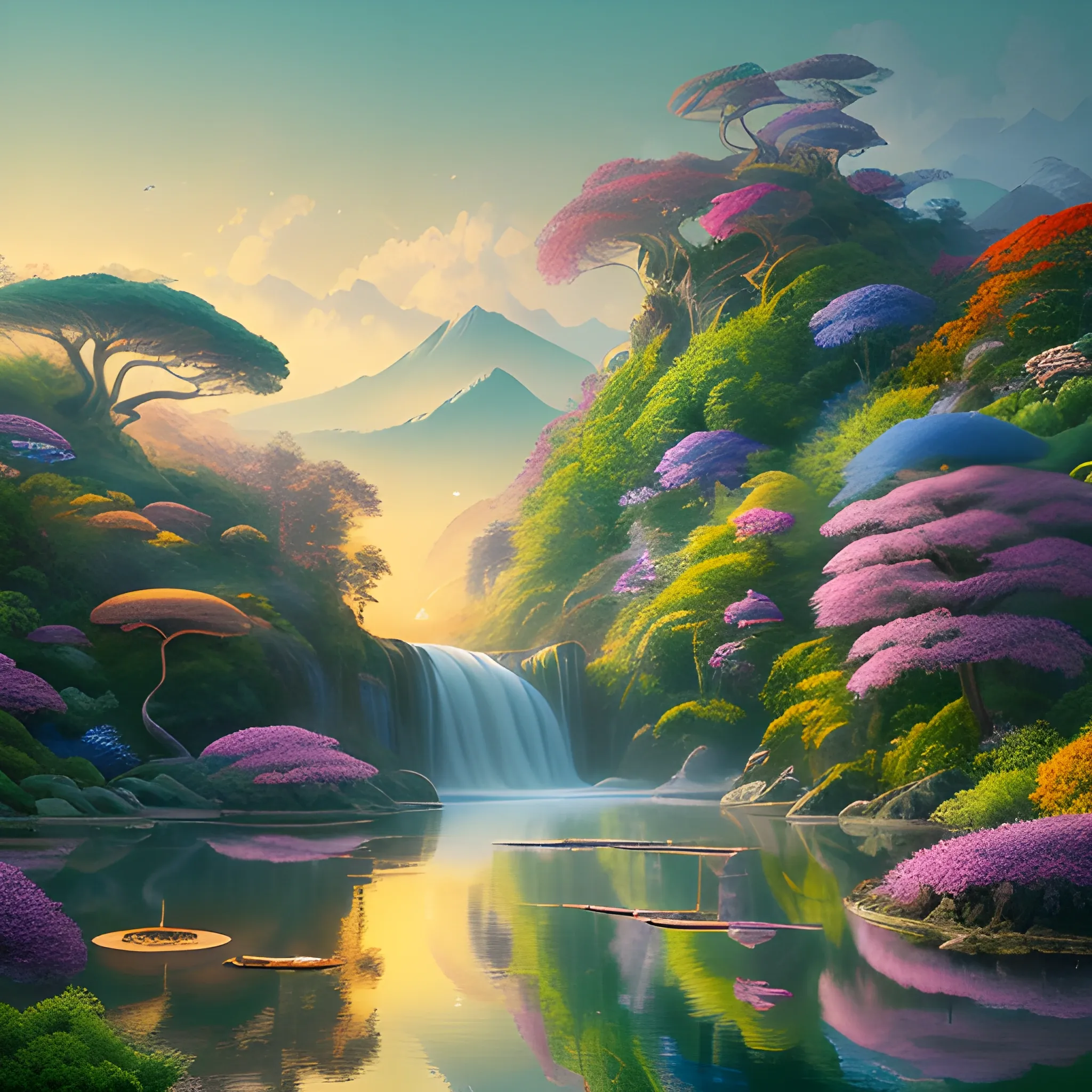 (by Ananta Mandal (and Andrew Biraj:0.5)), (in the style of nihonga), Style: Abstract, Medium: Digital illustration, Subject: A Bodhisattva of Compassion in the middle of picture, An otherworldly landscape with floating islands, cascading waterfalls, and vibrant flora and fauna. Camera Angle: Overhead shot capturing the vastness and intricate details of the scene. The colors are saturated, and the lighting creates a warm and ethereal atmosphere. The painting is highly detailed, with every brushstroke capturing the complexity of the imaginary world., (high quality), (detailed), (masterpiece), (best quality), (highres), (extremely detailed), (8k), seed:712315689