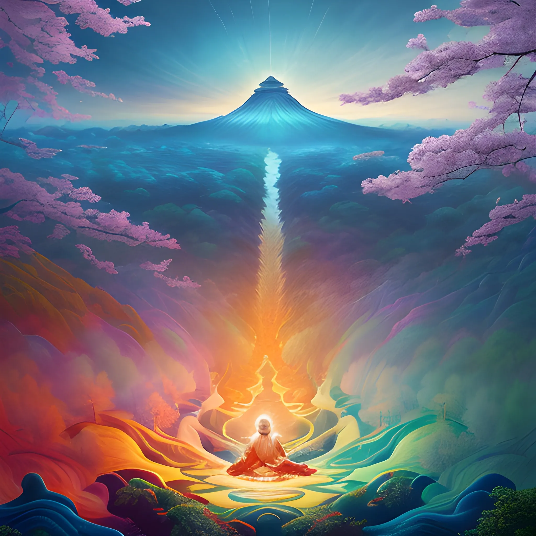 (by Ananta Mandal (and Andrew Biraj:0.5)), (in the style of nihonga), Style: Abstract, Medium: Digital illustration, Subject: A Bodhisattva of Compassion in the middle of picture, An otherworldly landscape with floating islands, cascading waterfalls, and vibrant flora and fauna. Camera Angle: Overhead shot capturing the vastness and intricate details of the scene. The colors are saturated, and the lighting creates a warm and ethereal atmosphere. The painting is highly detailed, with every brushstroke capturing the complexity of the imaginary world., (high quality), (detailed), (masterpiece), (best quality), (highres), (extremely detailed), (8k)