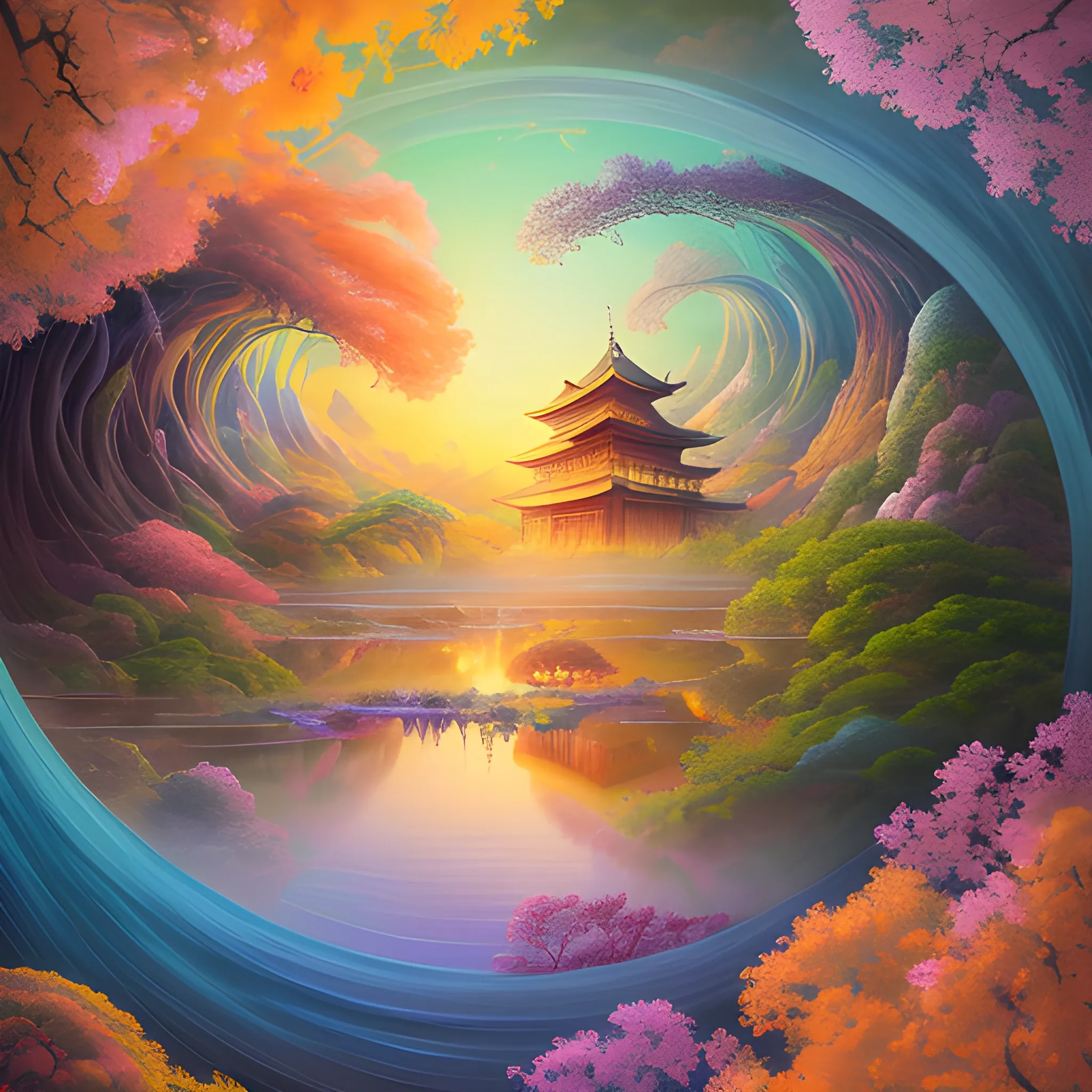 (by Ananta Mandal (and Andrew Biraj:0.5)), (in the style of nihonga), Style: Abstract, Medium: Digital illustration, Subject: A Bodhisattva of Compassion in the middle of picture, An otherworldly landscape with floating islands, cascading waterfalls, and vibrant flora and fauna. Camera Angle: Overhead shot capturing the vastness and intricate details of the scene. The colors are saturated, and the lighting creates a warm and ethereal atmosphere. The painting is highly detailed, with every brushstroke capturing the complexity of the imaginary world., (high quality), (detailed), (masterpiece), (best quality), (highres), (extremely detailed), (8k), seed:792315689