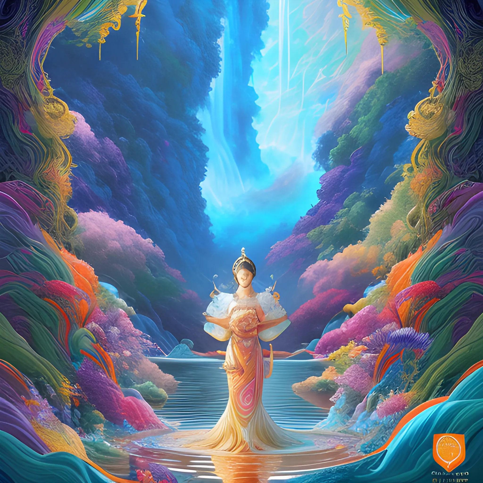 (by Ananta Mandal (and Andrew Biraj:0.5)), (in the style of nihonga), Style: Abstract, Medium: Digital illustration, Subject: A Goddess of Mercy in the middle of picture, An otherworldly landscape with floating islands, cascading waterfalls, and vibrant flora and fauna. Camera Angle: Overhead shot capturing the vastness and intricate details of the scene. The colors are saturated, and the lighting creates a warm and ethereal atmosphere. The painting is highly detailed, with every brushstroke capturing the complexity of the imaginary world., (high quality), (detailed), (masterpiece), (best quality), (highres), (extremely detailed), (8k), seed:792315689