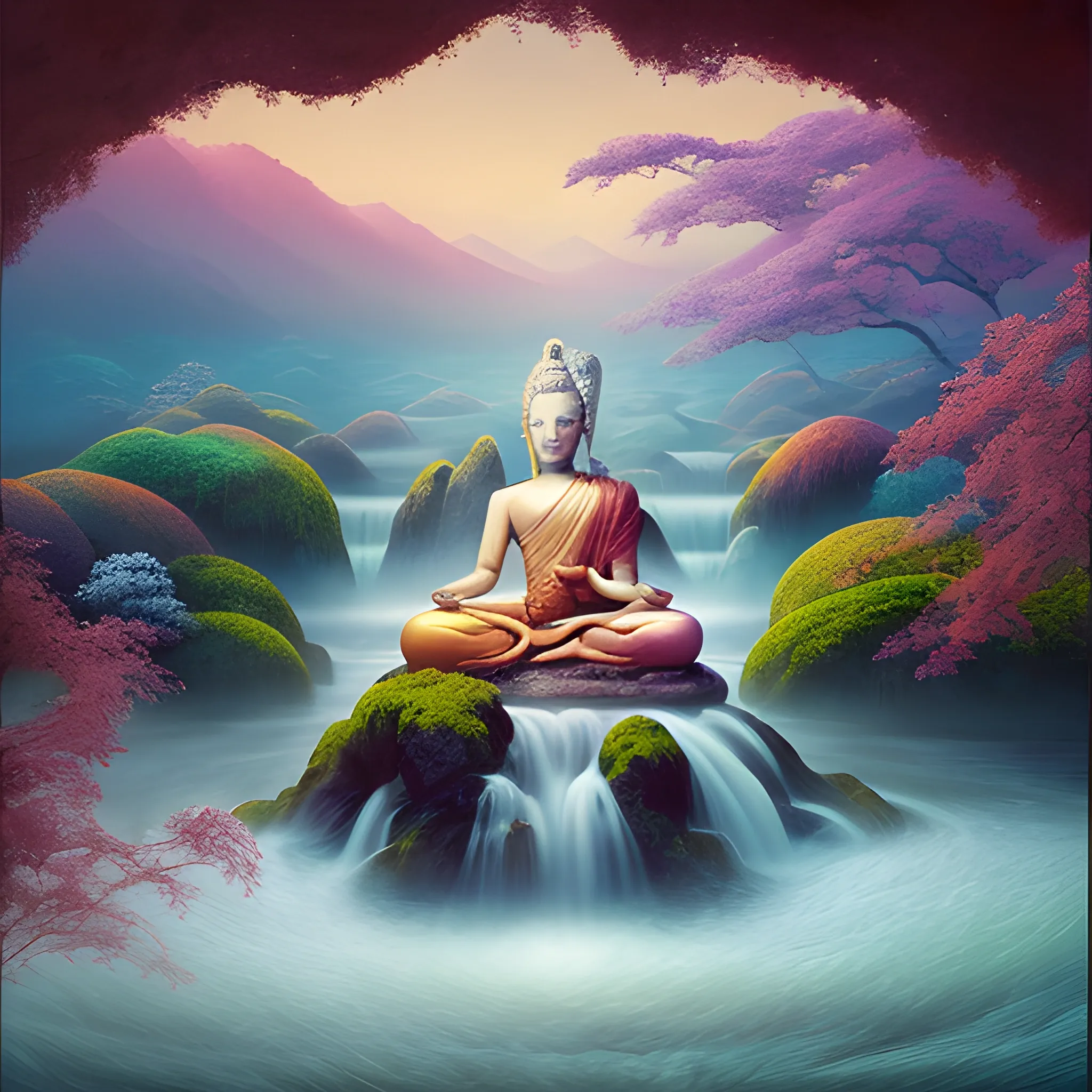 (by Ananta Mandal (and Andrew Biraj:0.5)), (in the style of nihonga), Style: Abstract, Medium: Digital illustration, Subject: A Bodhisattva of Compassion in the middle of picture, An otherworldly landscape with floating islands, cascading waterfalls, and vibrant flora and fauna. Camera Angle: Overhead shot capturing the vastness and intricate details of the scene. The colors are saturated, and the lighting creates a warm and ethereal atmosphere. The painting is highly detailed, with every brushstroke capturing the complexity of the imaginary world., (high quality), (detailed), (masterpiece), (best quality), (highres), (extremely detailed), (8k), seed:792315689