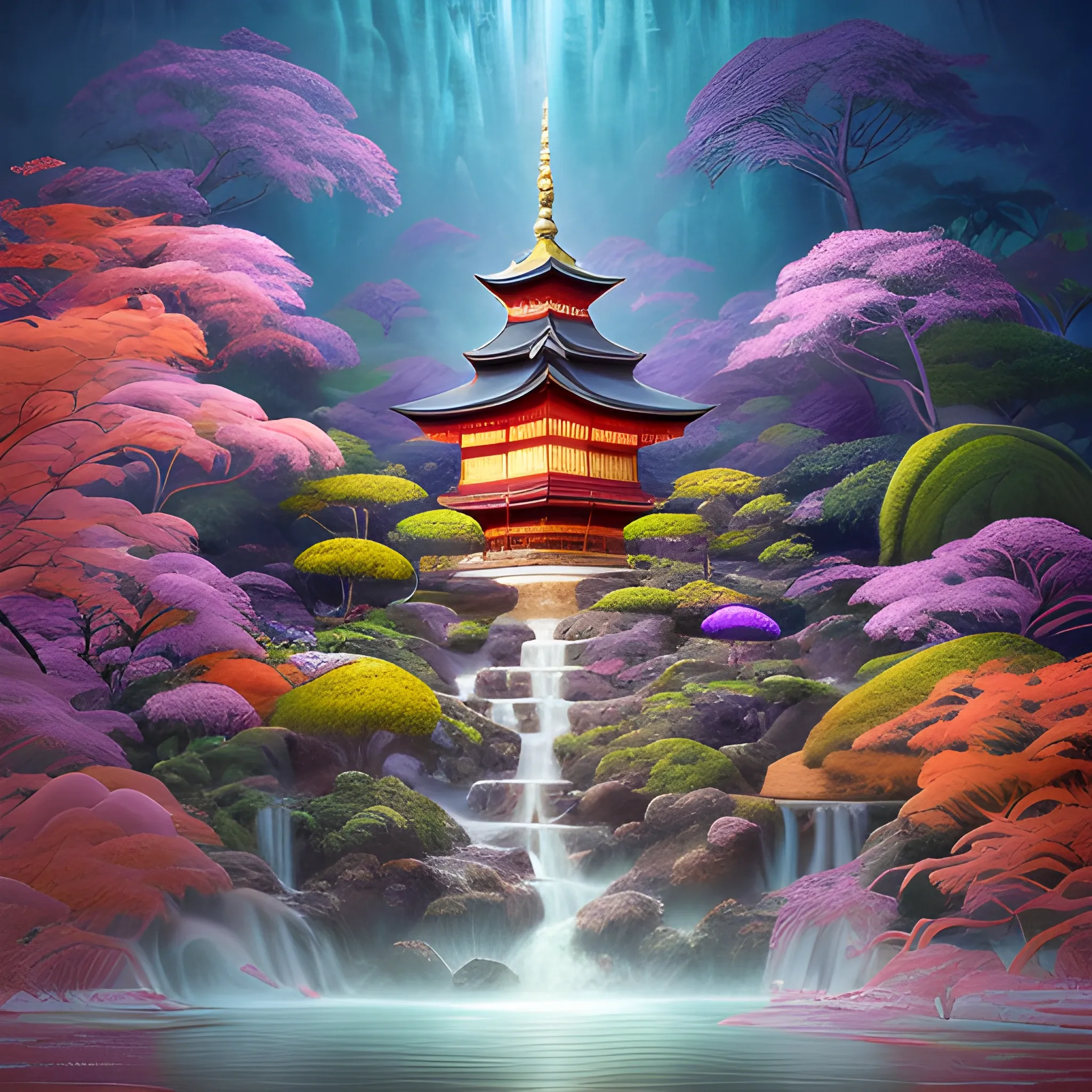 (by Ananta Mandal (and Andrew Biraj:0.5)), (in the style of nihonga), Style: Abstract, Medium: Digital illustration, Subject: A Sanskrit Avalokiteśvara in the middle of picture, An otherworldly landscape with floating islands, cascading waterfalls, and vibrant flora and fauna. Camera Angle: Overhead shot capturing the vastness and intricate details of the scene. The colors are saturated, and the lighting creates a warm and ethereal atmosphere. The painting is highly detailed, with every brushstroke capturing the complexity of the imaginary world., (high quality), (detailed), (masterpiece), (best quality), (highres), (extremely detailed), (8k)