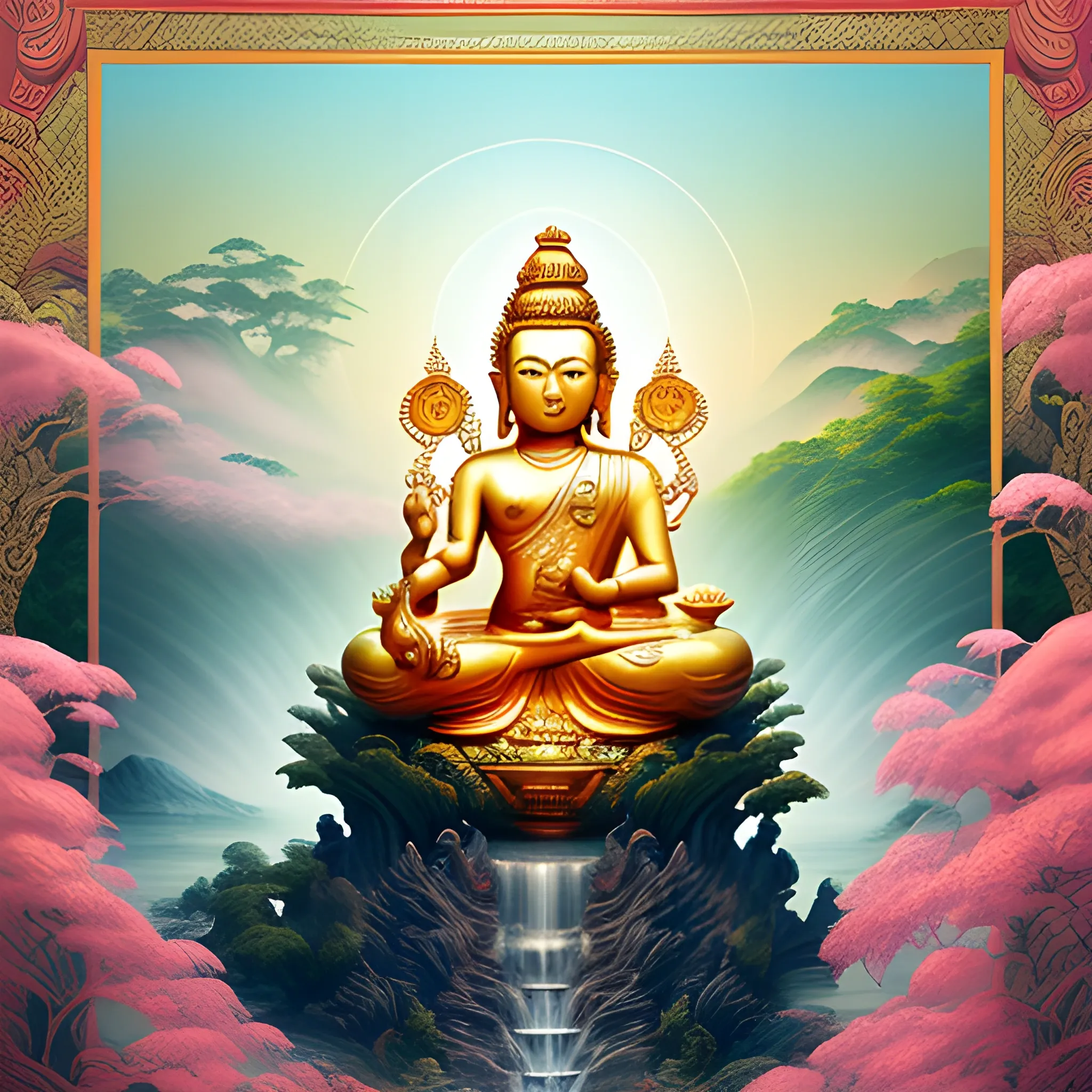 (by Ananta Mandal (and Andrew Biraj:0.5)), (in the style of nihonga), Style: Abstract, Medium: Digital illustration, Subject: A Guanyin Pusa(Sanskrit Avalokiteśvara) in the middle of picture, An otherworldly landscape with floating islands, cascading waterfalls, and vibrant flora and fauna. Camera Angle: Overhead shot capturing the vastness and intricate details of the scene. The colors are saturated, and the lighting creates a warm and ethereal atmosphere. The painting is highly detailed, with every brushstroke capturing the complexity of the imaginary world., (high quality), (detailed), (masterpiece), (best quality), (highres), (extremely detailed), (8k)