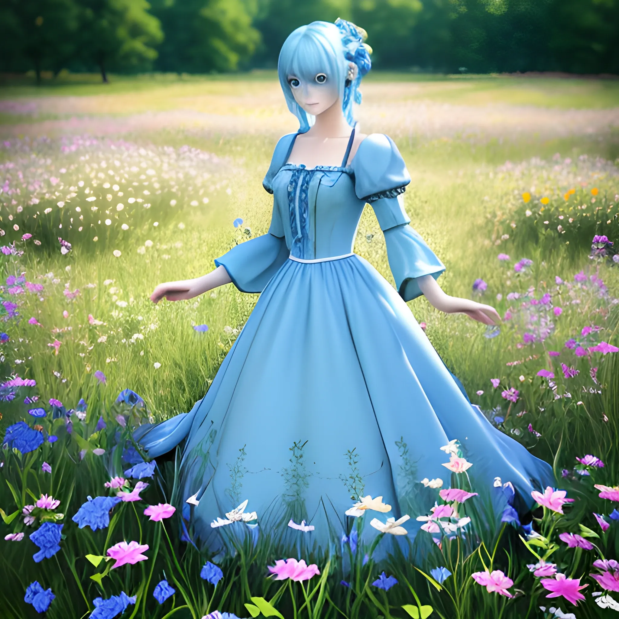 blue eyes, azure hair, Flowery meadow, bright eyes, sunlight, best shadow, river, big top sleeves, breeze, 3D