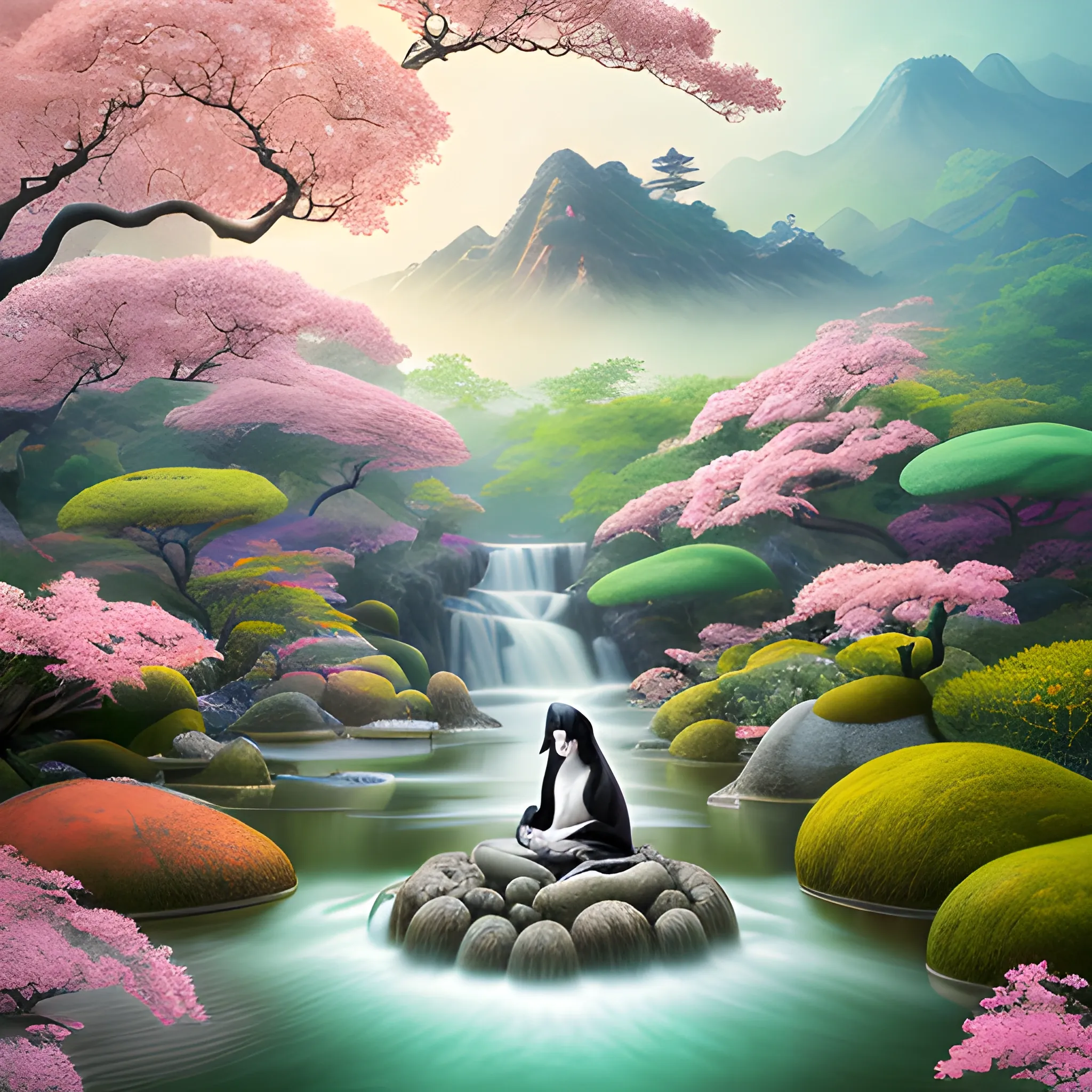 (by Ananta Mandal (and Andrew Biraj:0.5)), (in the style of nihonga), Style: Abstract, Medium: Digital illustration, Subject: A Guanshiyin Pusa in the middle of picture, An otherworldly landscape with floating islands, cascading waterfalls, and vibrant flora and fauna. Camera Angle: Overhead shot capturing the vastness and intricate details of the scene. The colors are saturated, and the lighting creates a warm and ethereal atmosphere. The painting is highly detailed, with every brushstroke capturing the complexity of the imaginary world., (high quality), (detailed), (masterpiece), (best quality), (highres), (extremely detailed), (8k), seed:792315689