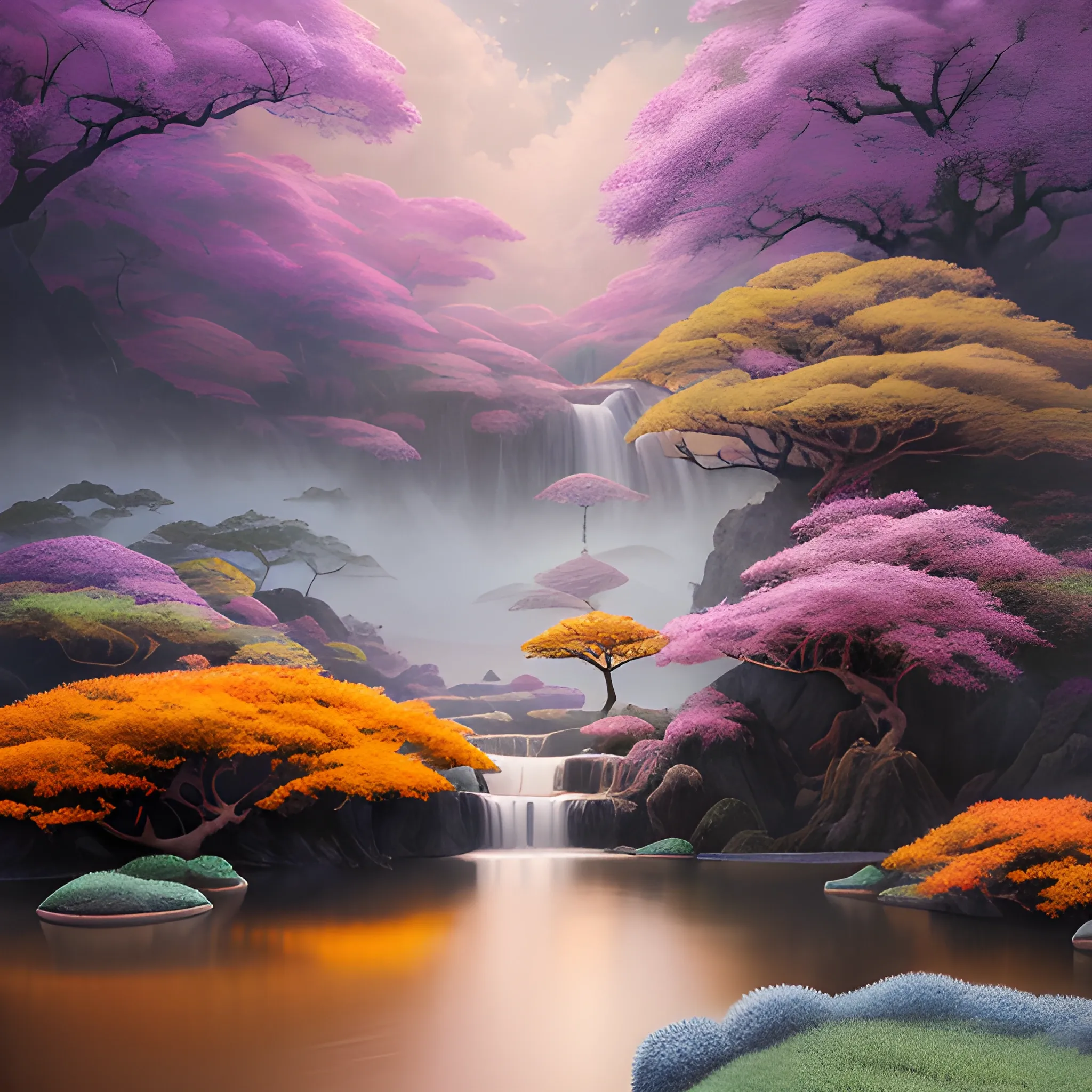 (by Ananta Mandal (and Andrew Biraj:0.5)), (in the style of nihonga), Style: Abstract, Medium: Digital illustration, Subject: A Guanshiyin Pusa standing in the middle of picture, An otherworldly landscape with floating islands, cascading waterfalls, and vibrant flora and fauna. Camera Angle: Overhead shot capturing the vastness and intricate details of the scene. The colors are saturated, and the lighting creates a warm and ethereal atmosphere. The painting is highly detailed, with every brushstroke capturing the complexity of the imaginary world., (high quality), (detailed), (masterpiece), (best quality), (highres), (extremely detailed), (8k), seed:792315689