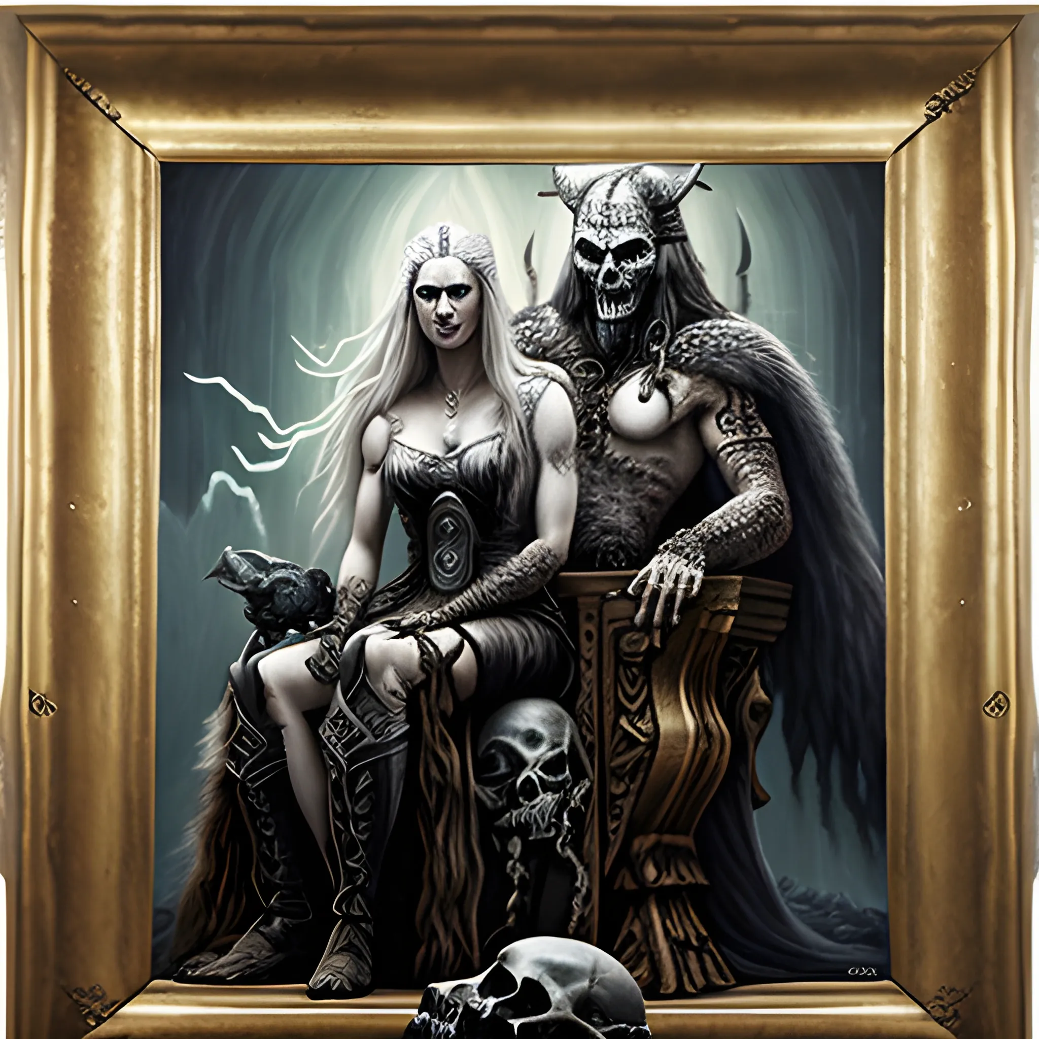 Hel, norse goddes of helheim, seated in a throne with a skull in his hand with a wolf next to her, Oil Painting