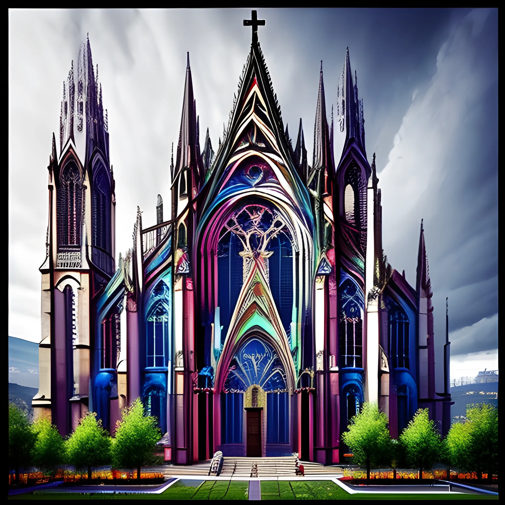 A Catholic Cathedral very colorful and giant. Near a Gothic Catholic monastery ,on the hills, with a cyberpunk city. realistic photo,