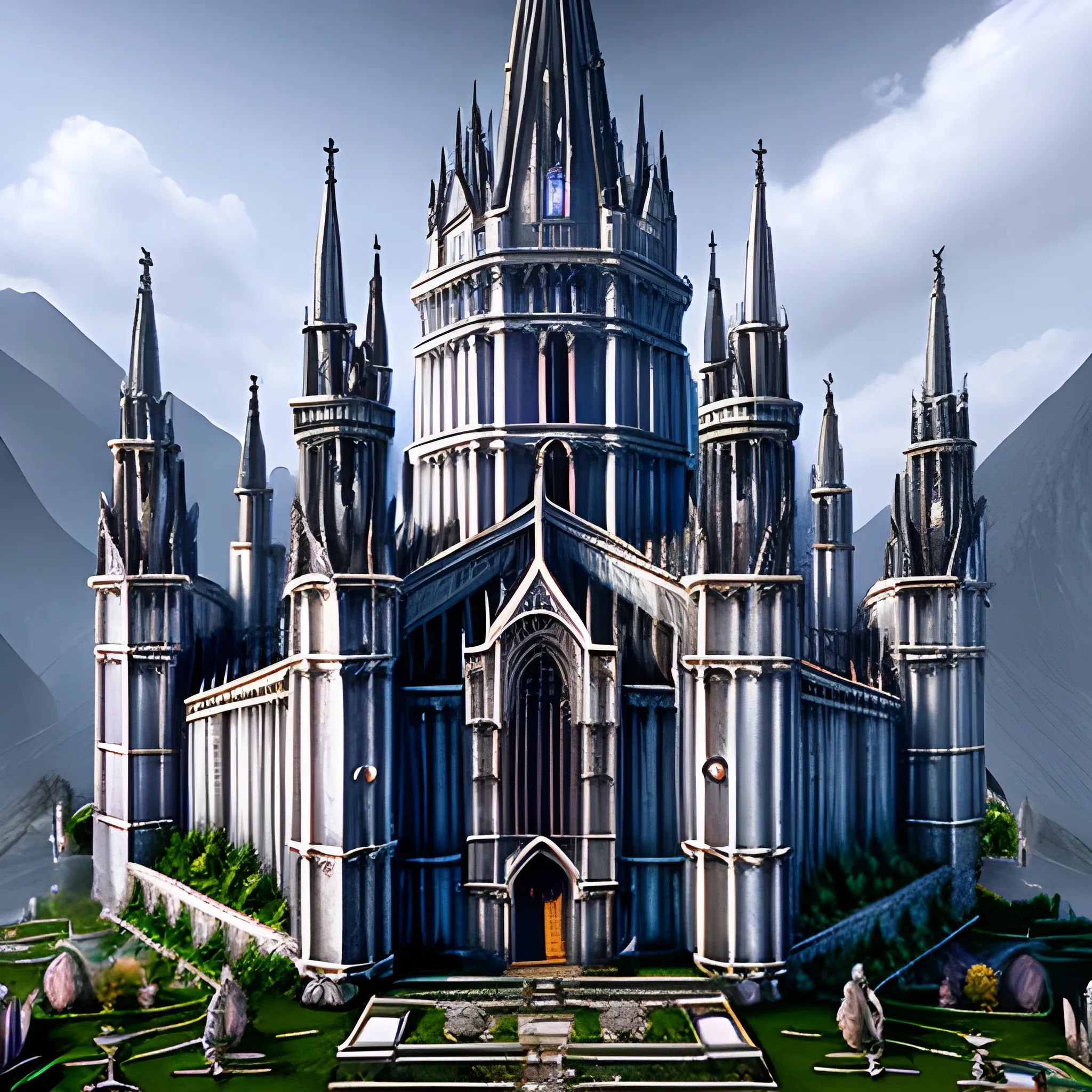 Giant Catholic Cathedral with Catholic monastery huge complex, in Gondolin ,fantasy, Castlevania, World of Warcraft, Elder Scrolls, Final fantasy ,realistic photo, , 3D