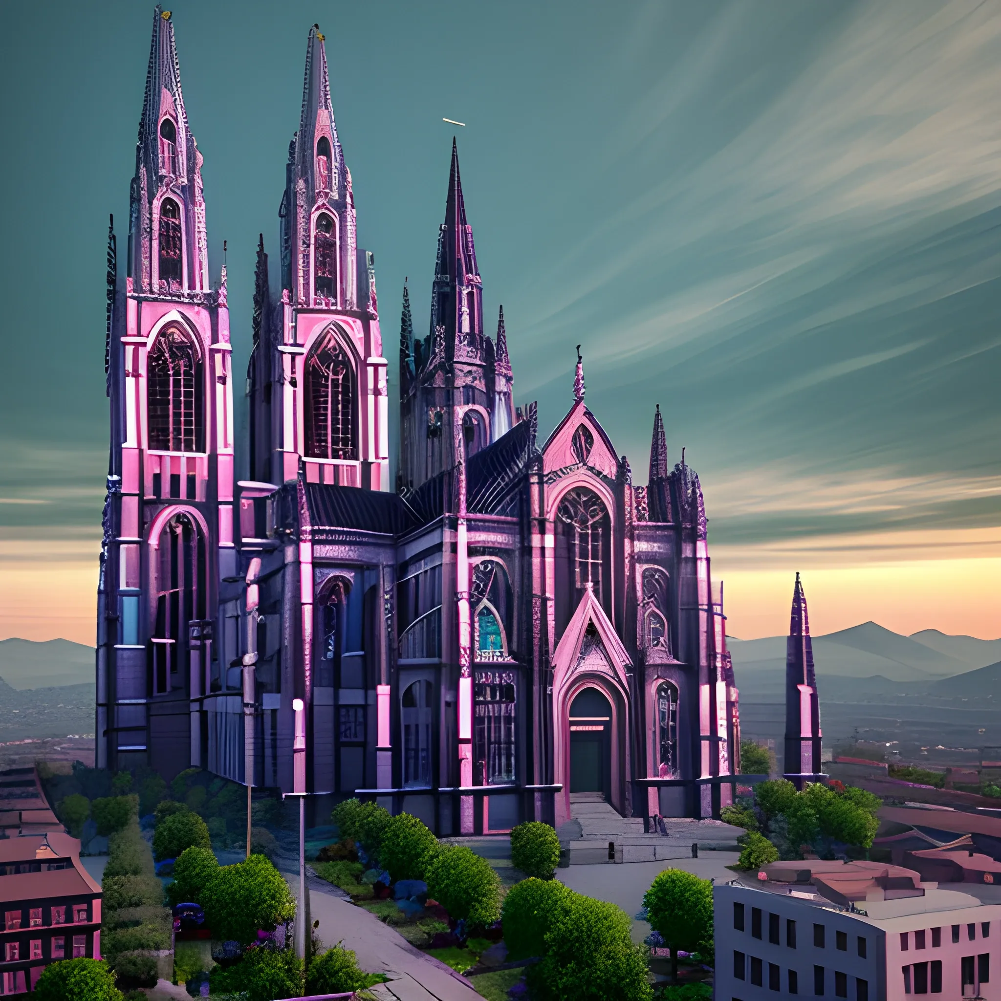 A Catholic Cathedral very colorful and giant. Near a Gothic Catholic monastery ,on the hills, with a cyberpunk city. realistic photo,, 3D