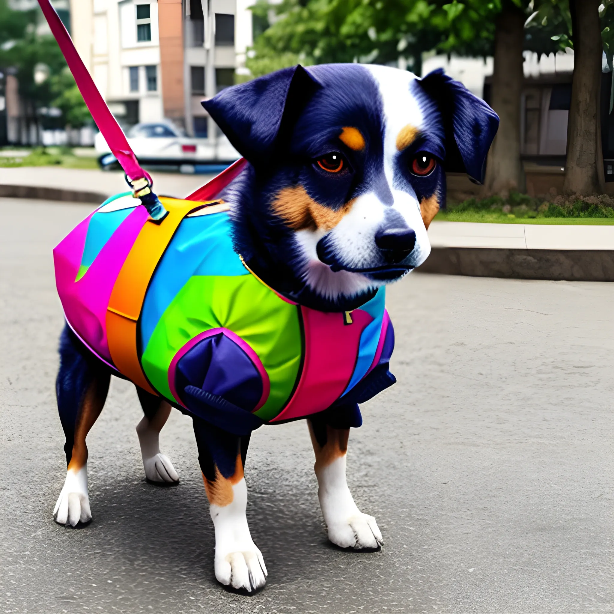 a dog with colorful bags