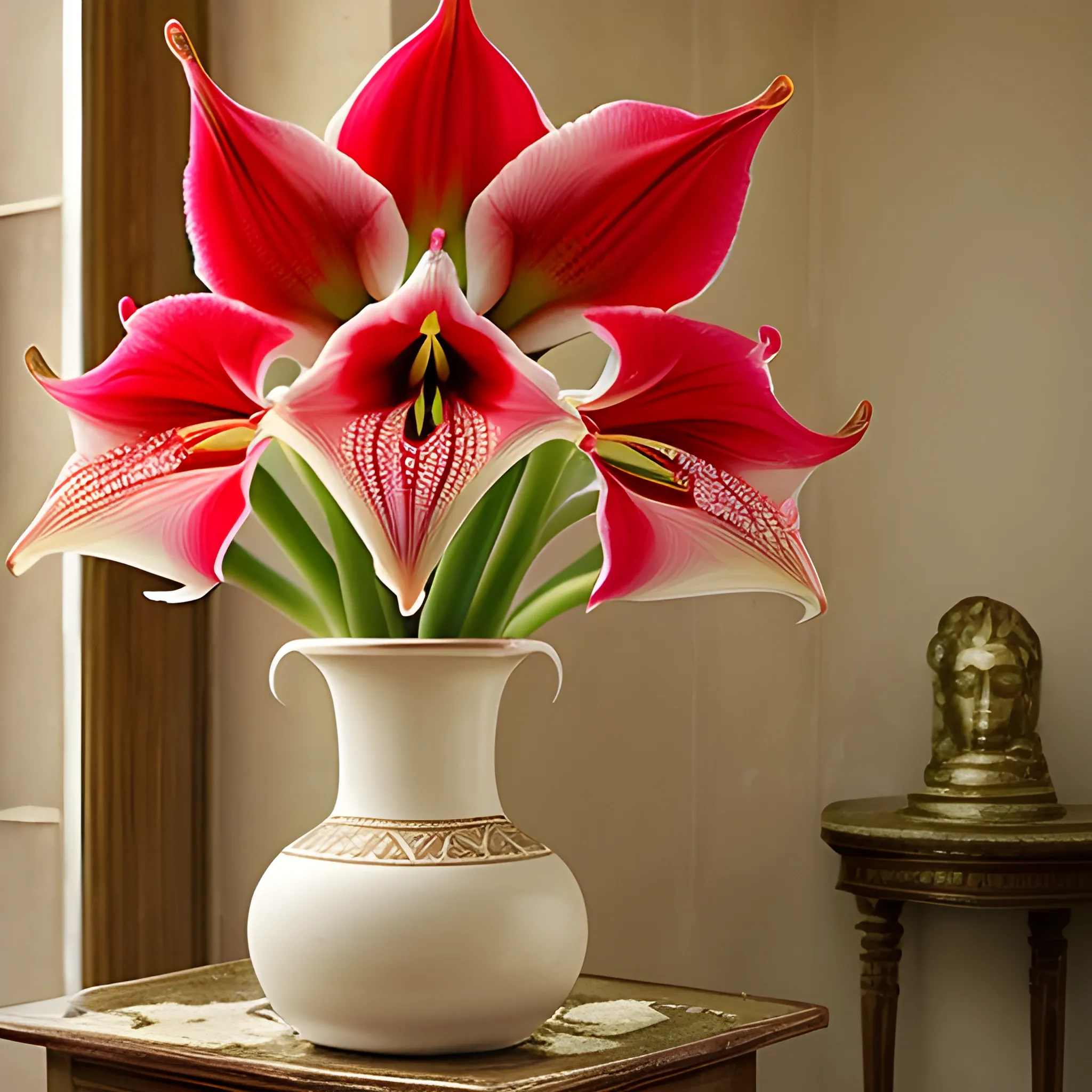 The ancient-style beauty, who has already died under the amaryllis flower