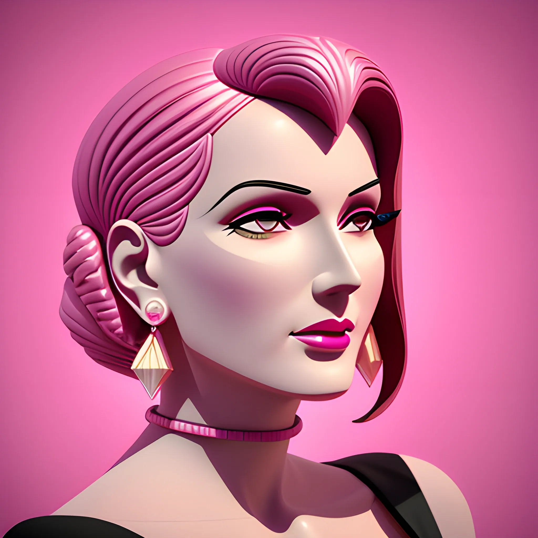Art deco, woman wearing earrings, pink,  digital illustration style,. Very detailed and high quality, 3D, 3D, 3D, 3D, 3D