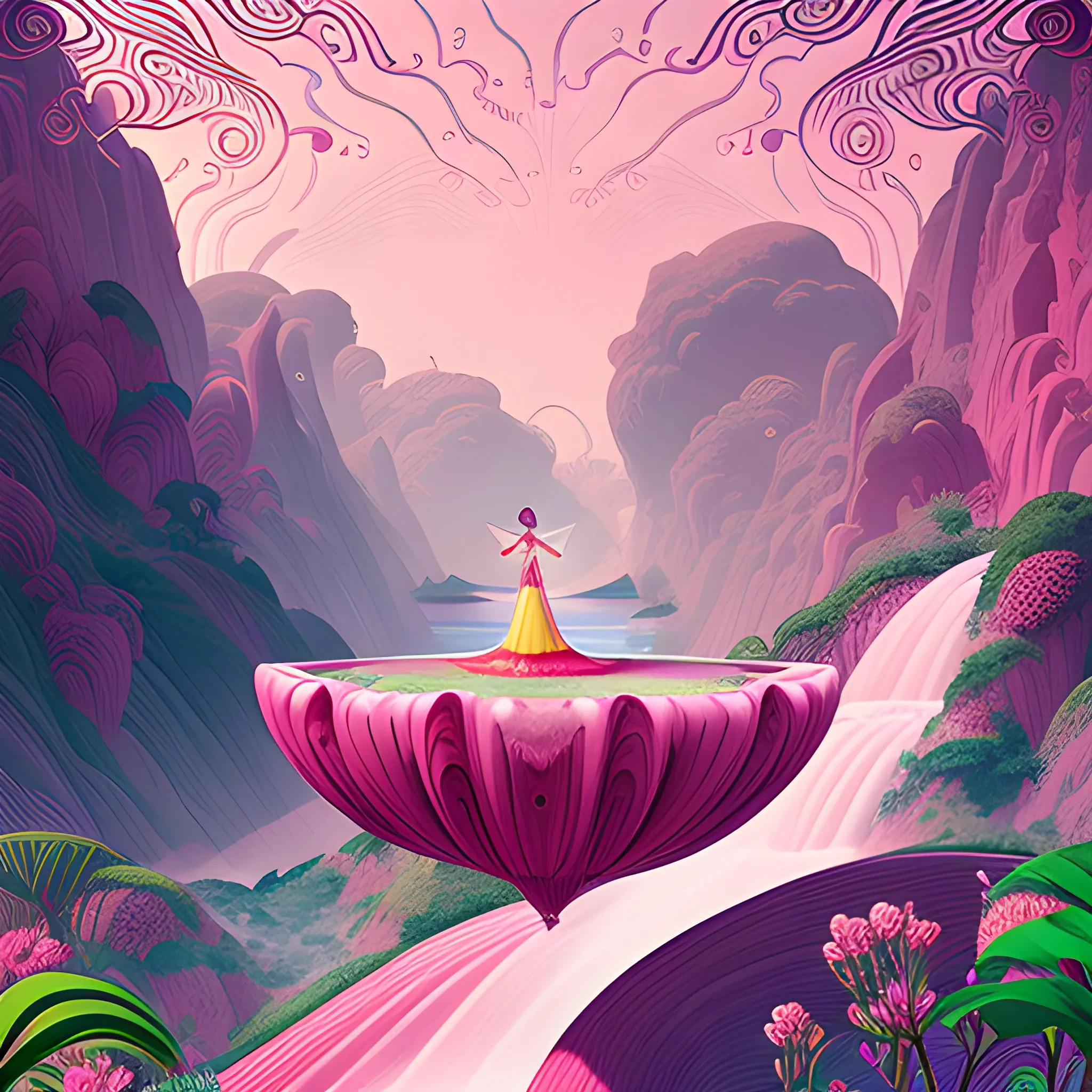 Woman wearing pink, art deco, earrings, digital illustration style, otherworldly landscape with floating islands, cascading streams and vibrant flora and fauna. Very detailed and high quality, 3D