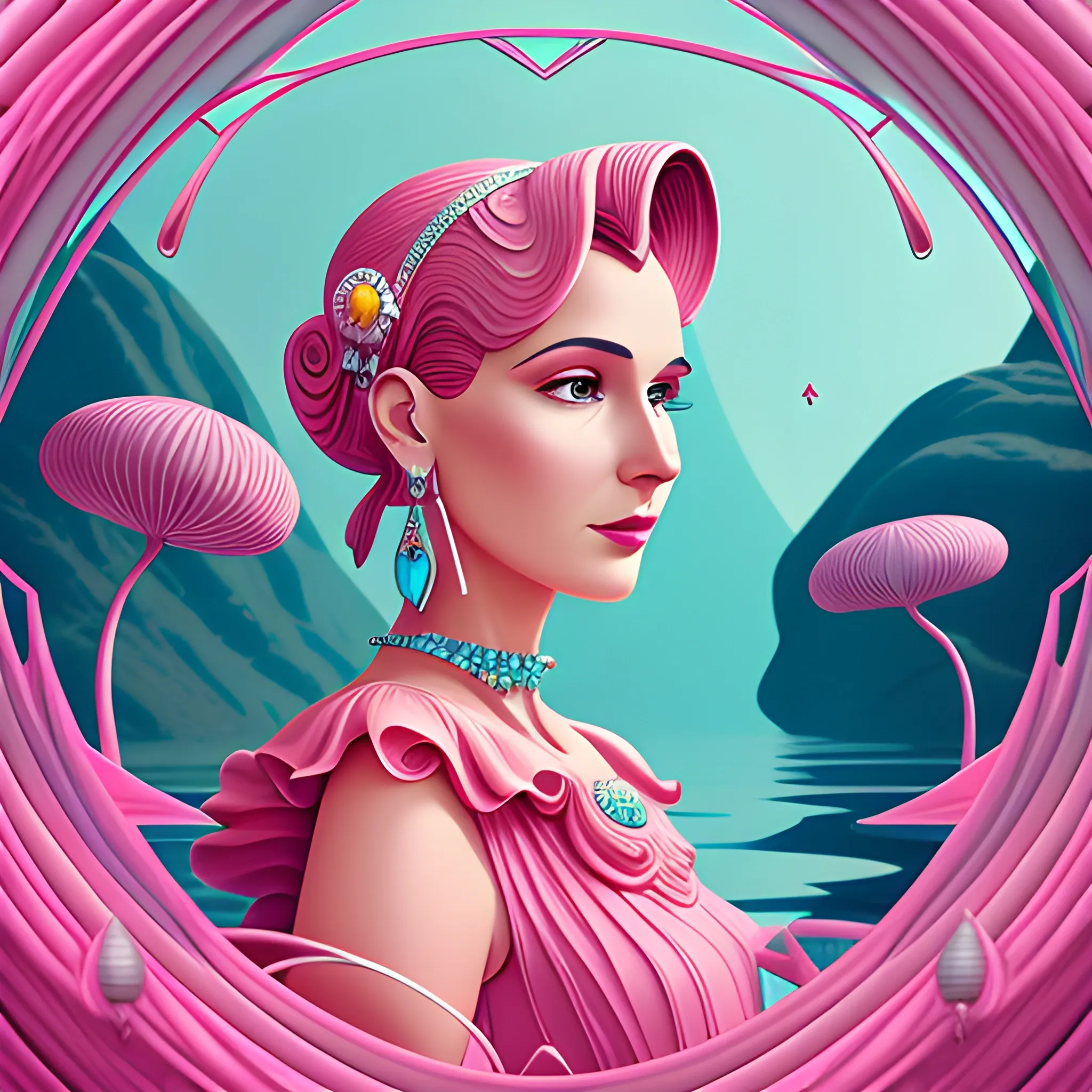 Close up of Woman wearing pink, art deco, earrings, digital illustration style, otherworldly landscape with floating islands, cascading streams and vibrant flora and fauna. Very detailed and high quality, 3D, 3D