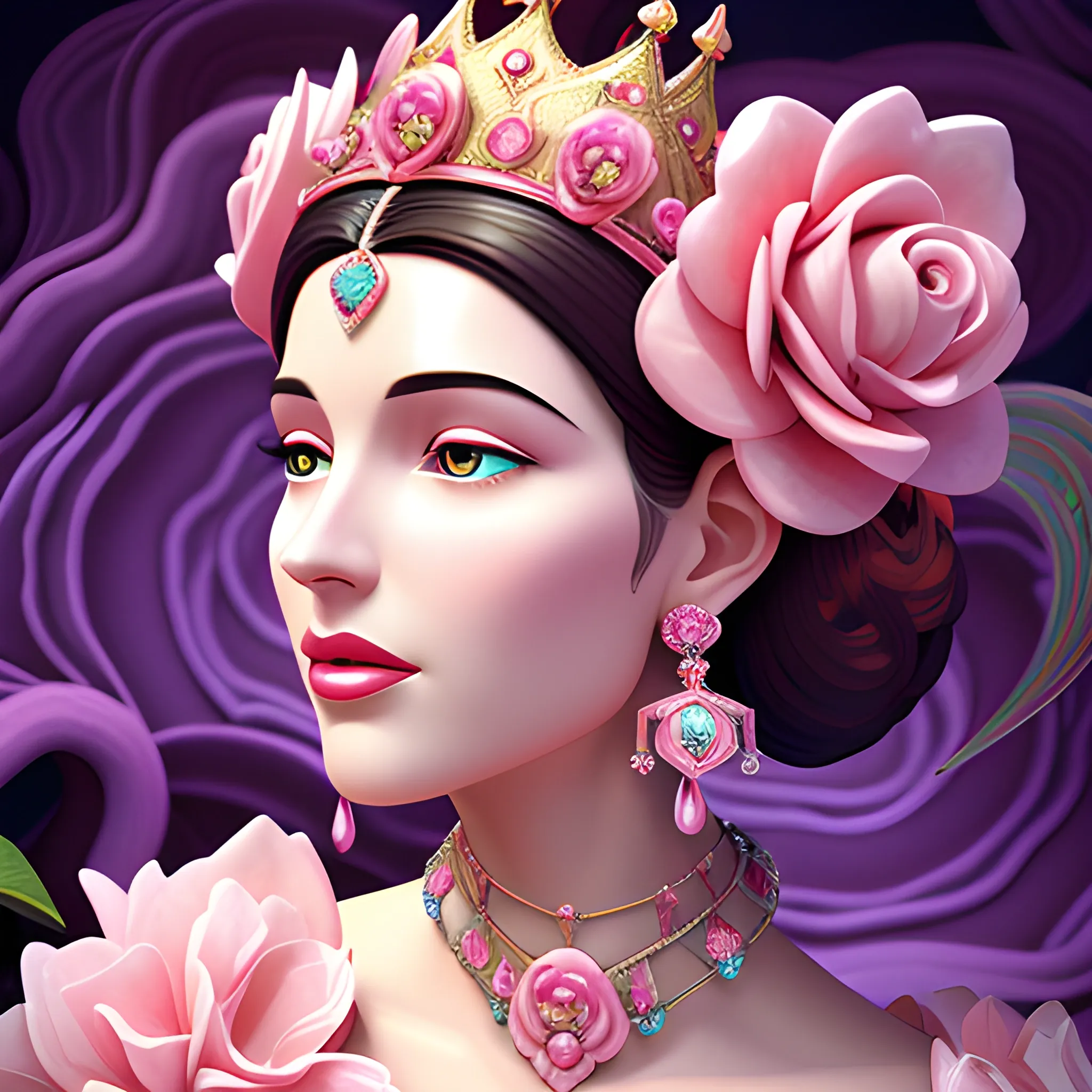 Close up of Woman wearing pink, art deco, earrings, bejeweled crown of roses, digital illustration style, otherworldly landscape with floating islands, cascading streams and vibrant flora and fauna. Very detailed and high quality, 3D, 3D, 3D
