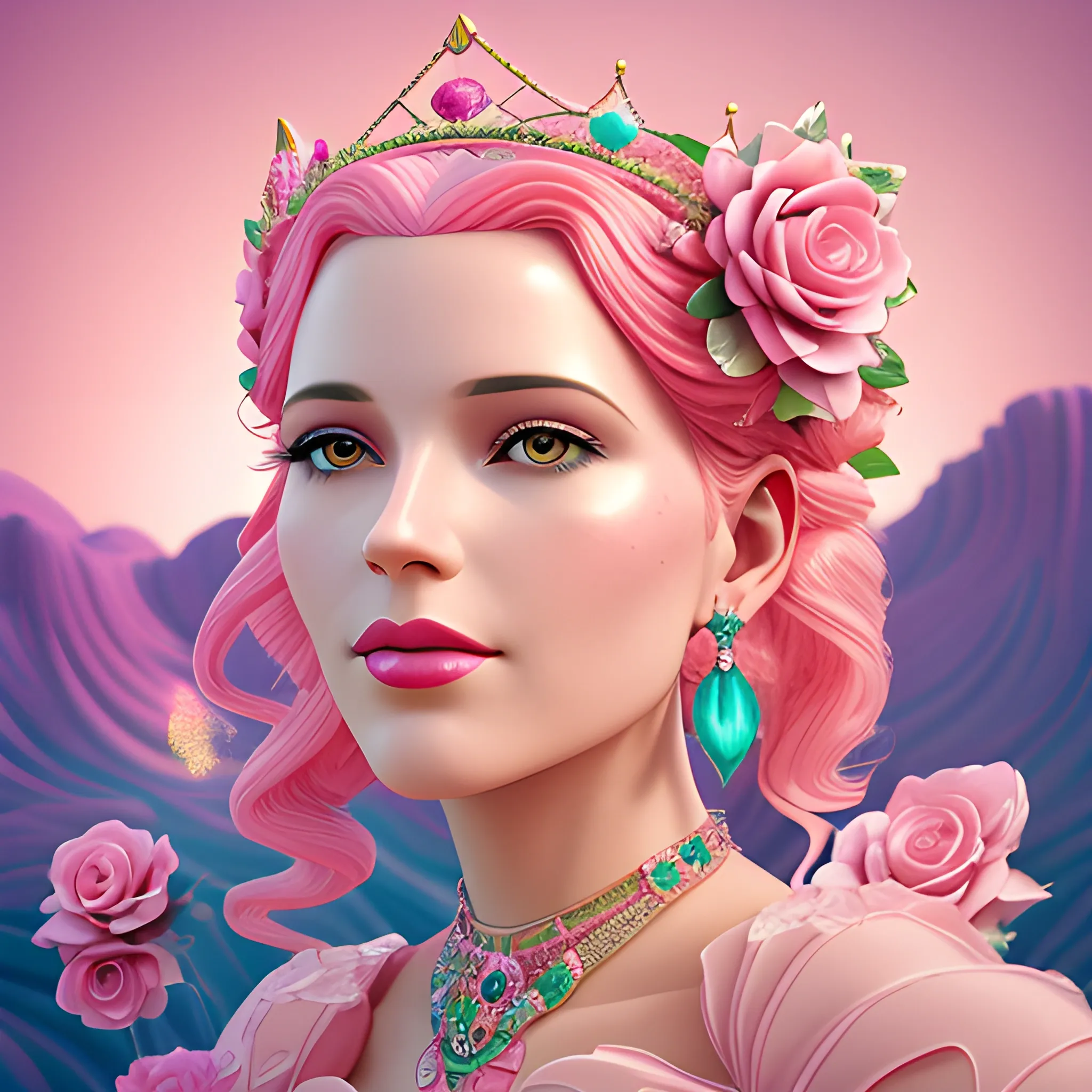 Close up of Woman wearing pink, art deco, earrings, bejeweled crown of roses, pink hair, digital illustration style, otherworldly landscape with floating islands, cascading streams and vibrant flora and fauna. Very detailed and high quality, 3D, 3D, 3D, 3D