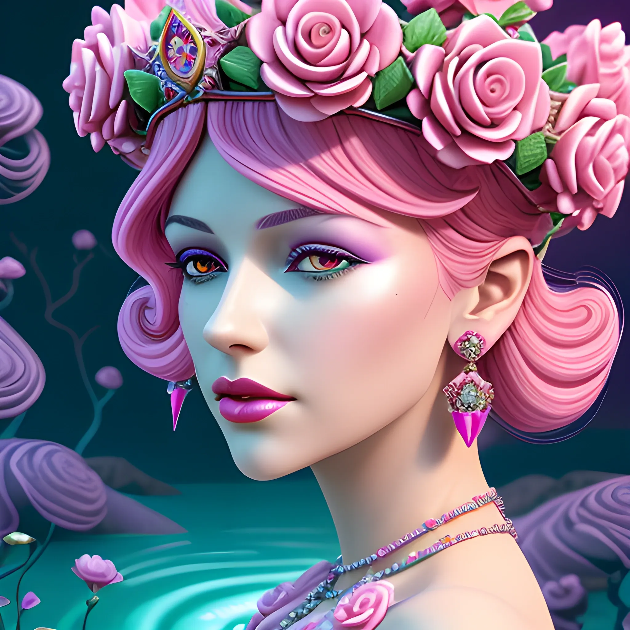 Close up of Woman wearing pink, art deco, earrings, bejeweled crown of roses, pink hair, purple eyes, digital illustration style, otherworldly landscape with floating islands, cascading streams and vibrant flora and fauna. Very detailed and high quality, 3D, 3D, 3D, 3D, 3D