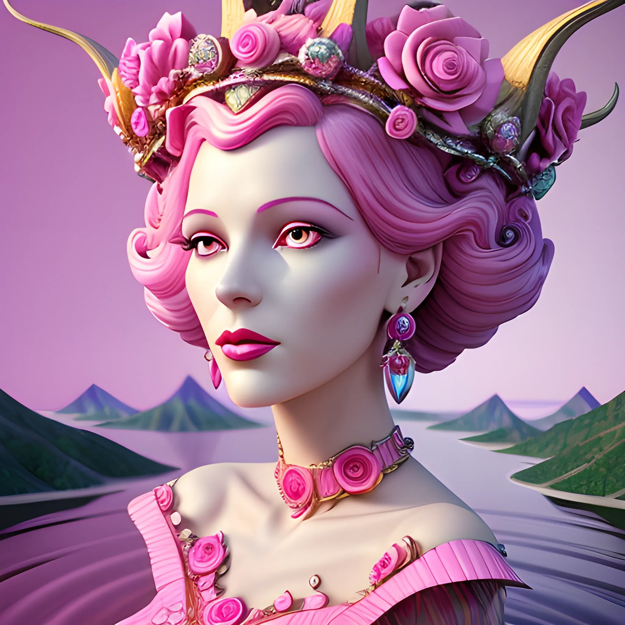 Close up of Woman wearing pink, art deco, earrings, bejeweled crown of roses, pink hair, purple eyes, digital illustration style, otherworldly landscape with floating islands, cascading streams and vibrant flora and fauna. Very detailed and high quality, 3D, 3D, 3D, 3D, 3D