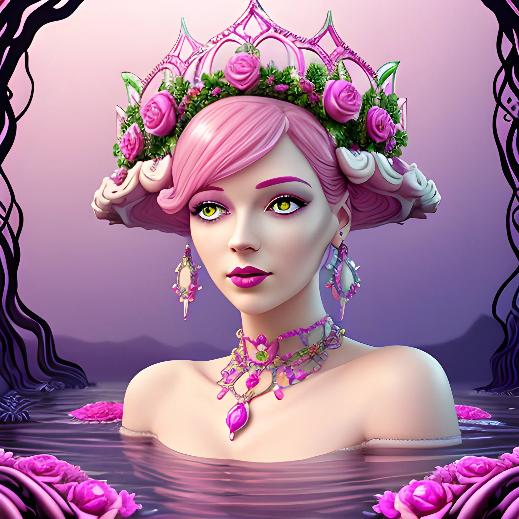 Close up of Woman wearing pink, art deco, earrings, bejeweled crown of roses, pink hair, purple eyes, eyes are purple color, digital illustration style, otherworldly landscape with floating islands, cascading streams and vibrant flora and fauna. Very detailed and high quality, 3D, 3D, 3D, 3D, 3D, 3D